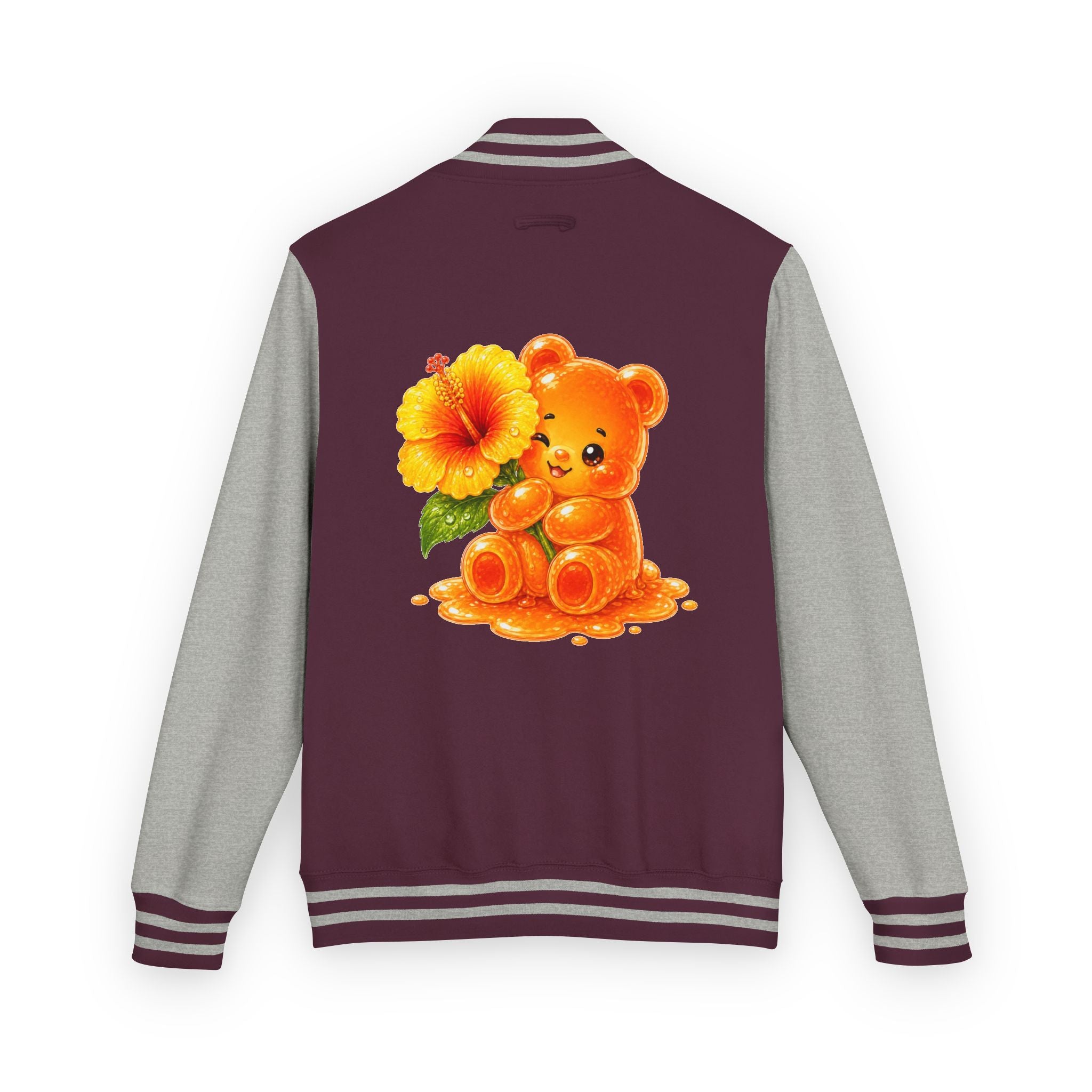 Golden Hibiscus, Yellow Gooey Gummy Bear Friend- Kawaii Varsity Jacket