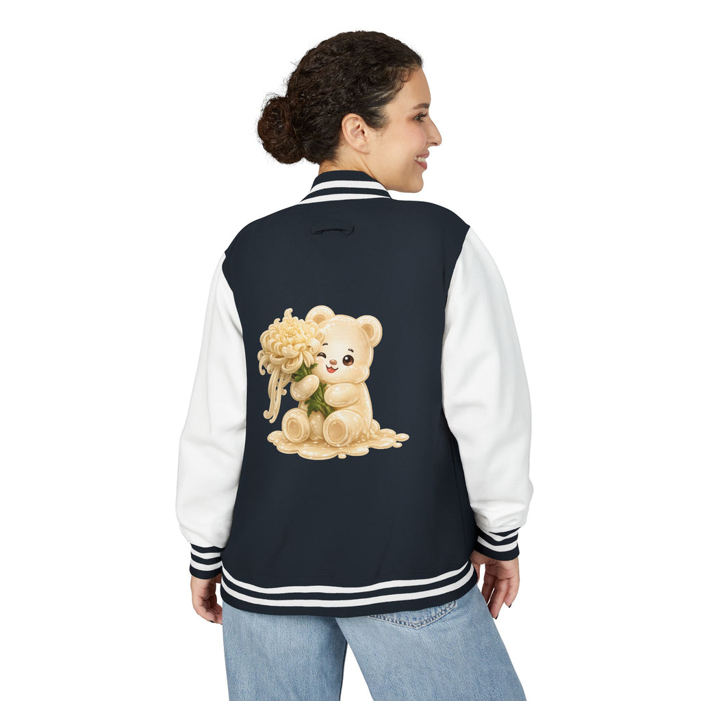 Creamy White Chrysanthemum Flower Addition, White Oozy Bear Gummy Friend- Lettermen Graphic Jacket