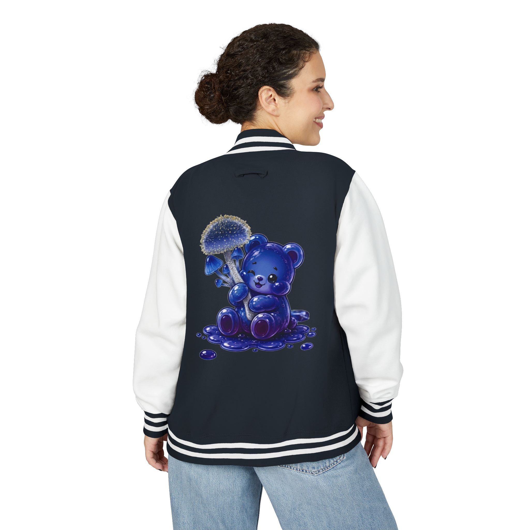 Sparkling Blue Mushroom Cluster, Oozy Bear Friends- Letterman Graphic Jacket
