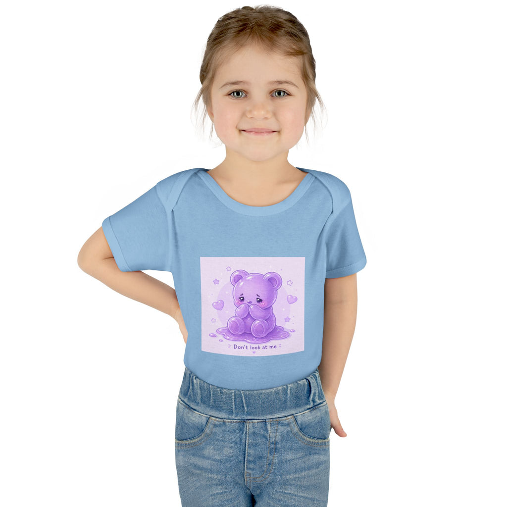 Purple Gooey Gummy Shy bear Baby Bodysuit - "Don't Look at Me" Cute Infant Onesie
