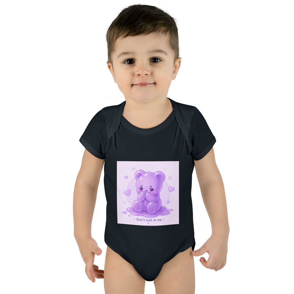 Purple Gooey Gummy Shy bear Baby Bodysuit - "Don't Look at Me" Cute Infant Onesie