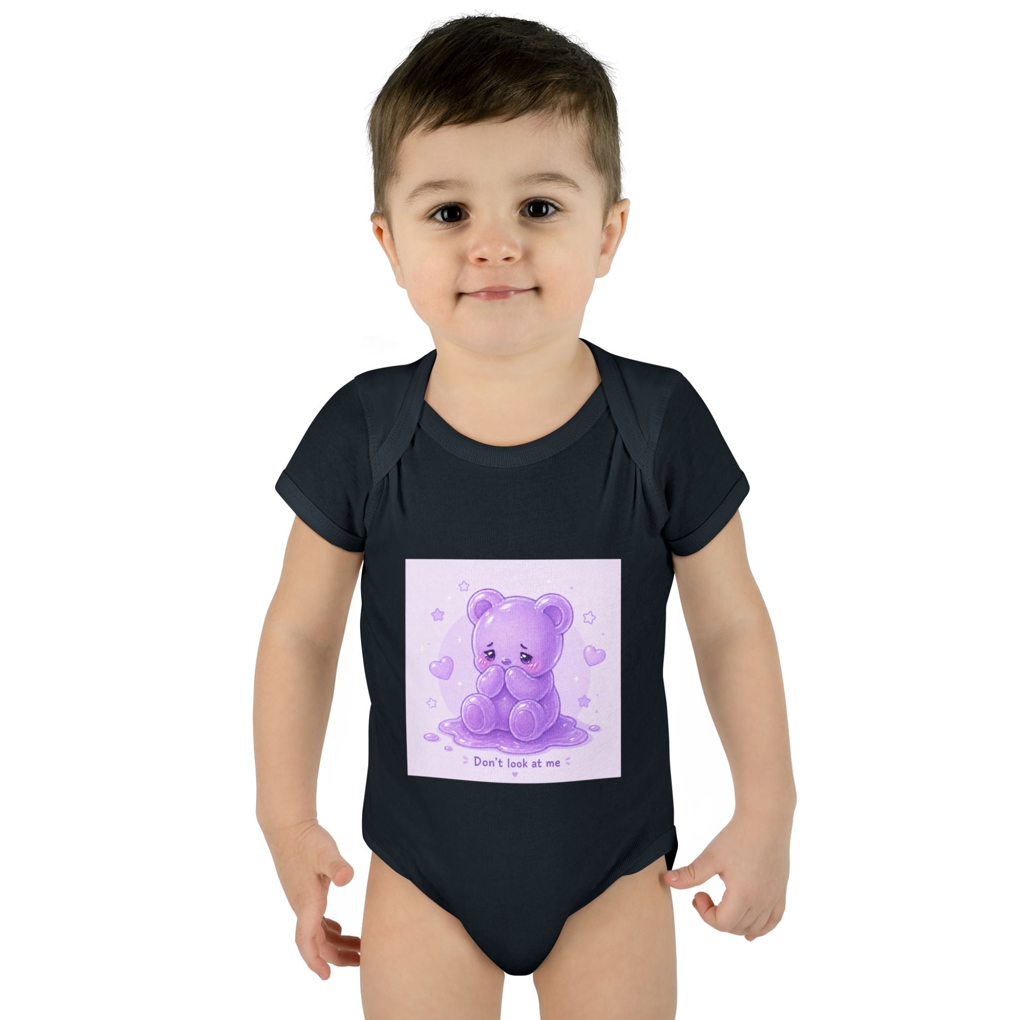 Purple Gooey Gummy Shy bear Baby Bodysuit - "Don't Look at Me" Cute Infant Onesie