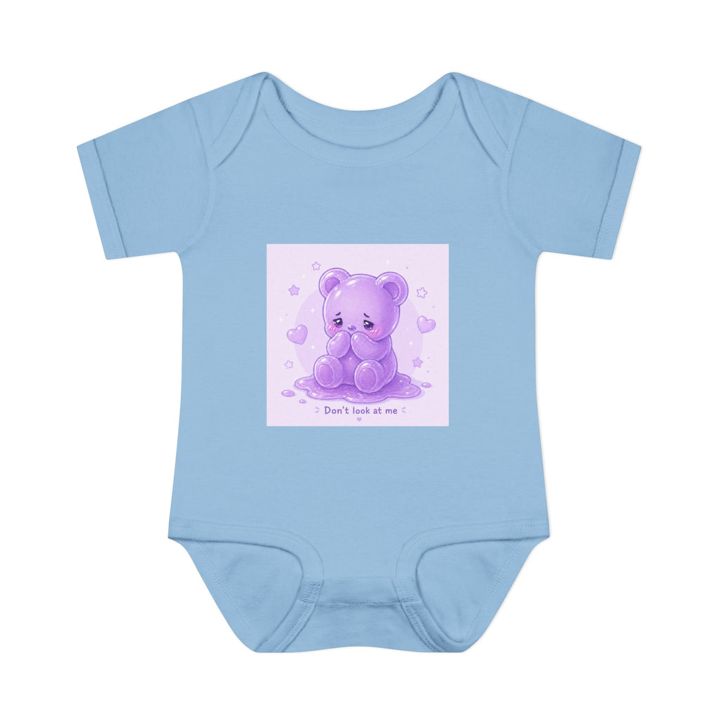 Purple Gooey Gummy Shy bear Baby Bodysuit - "Don't Look at Me" Cute Infant Onesie