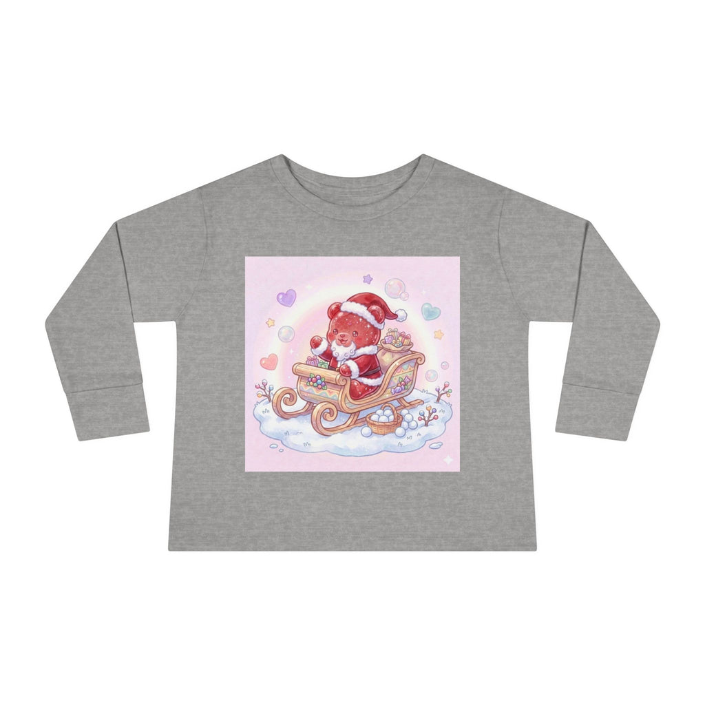 Cute Santa Oozy Bear in Sleigh Christmas- Graphic Long Sleeve Shirt