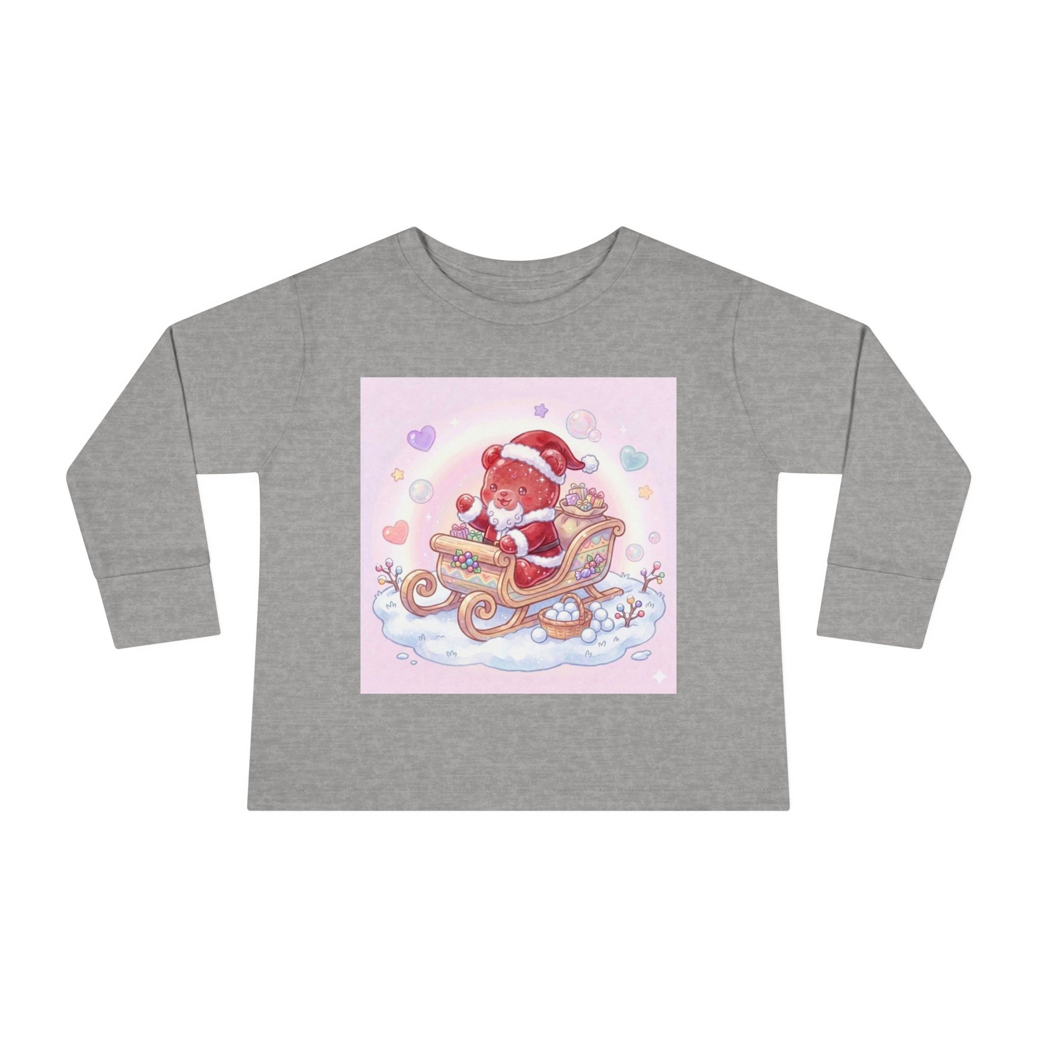 Cute Santa Oozy Bear in Sleigh Christmas- Graphic Long Sleeve Shirt