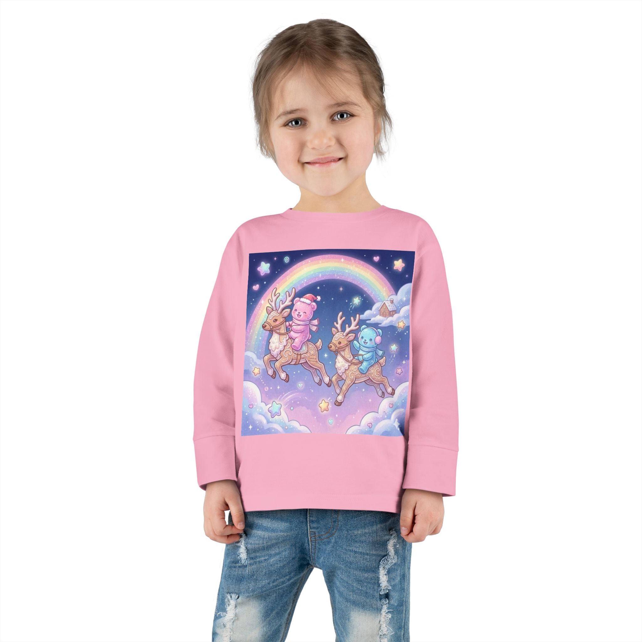 Riding On Frosted Flying Reindeer, Oozy Bear Friends Special- Graphic Long Sleeve Shirt