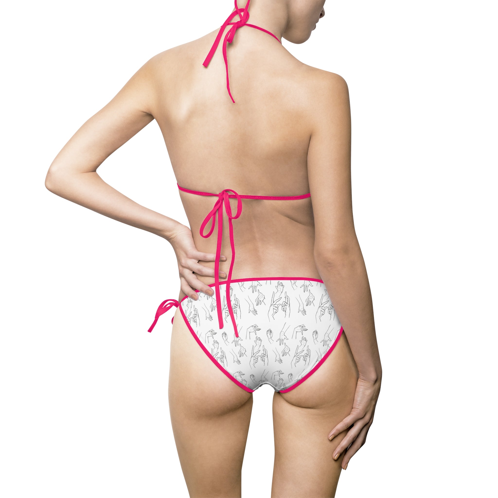 Red-Trim White Bikini with Subtle Floral Print — Women's Tie-Side Swimsuit