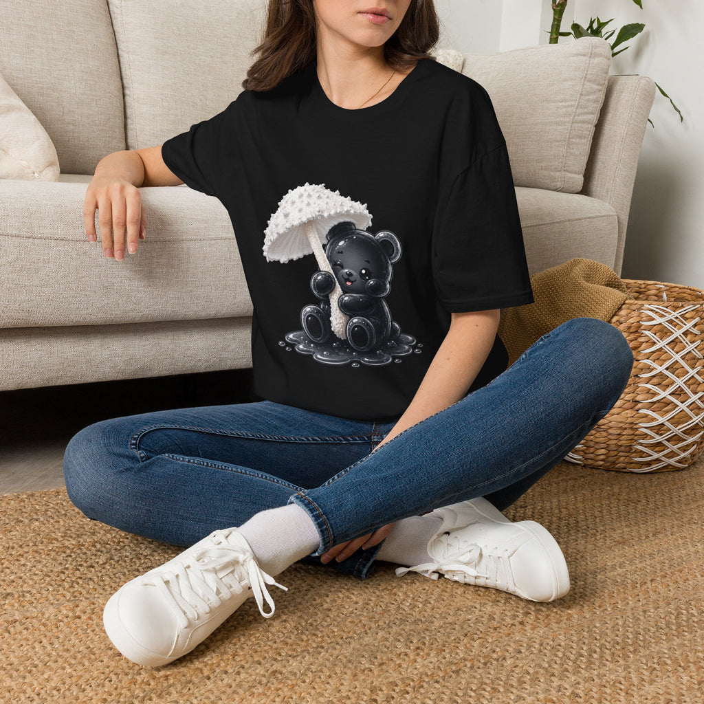 Beautiful Veiled White Mushroom, Black Oozy Bear Gummy Friend- Graphic Shirt