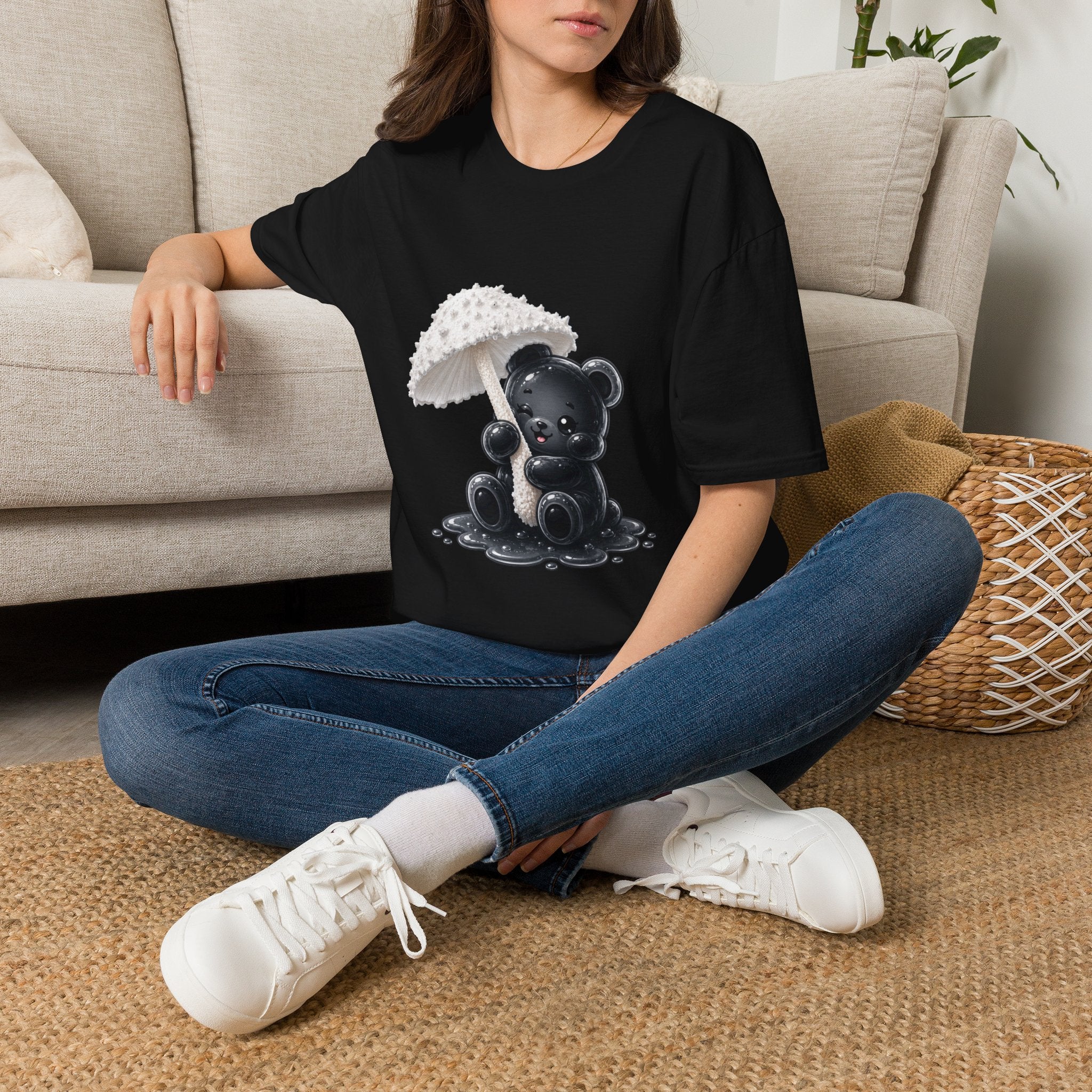 Beautiful Veiled White Mushroom, Black Oozy Bear Gummy Friend- Graphic Shirt