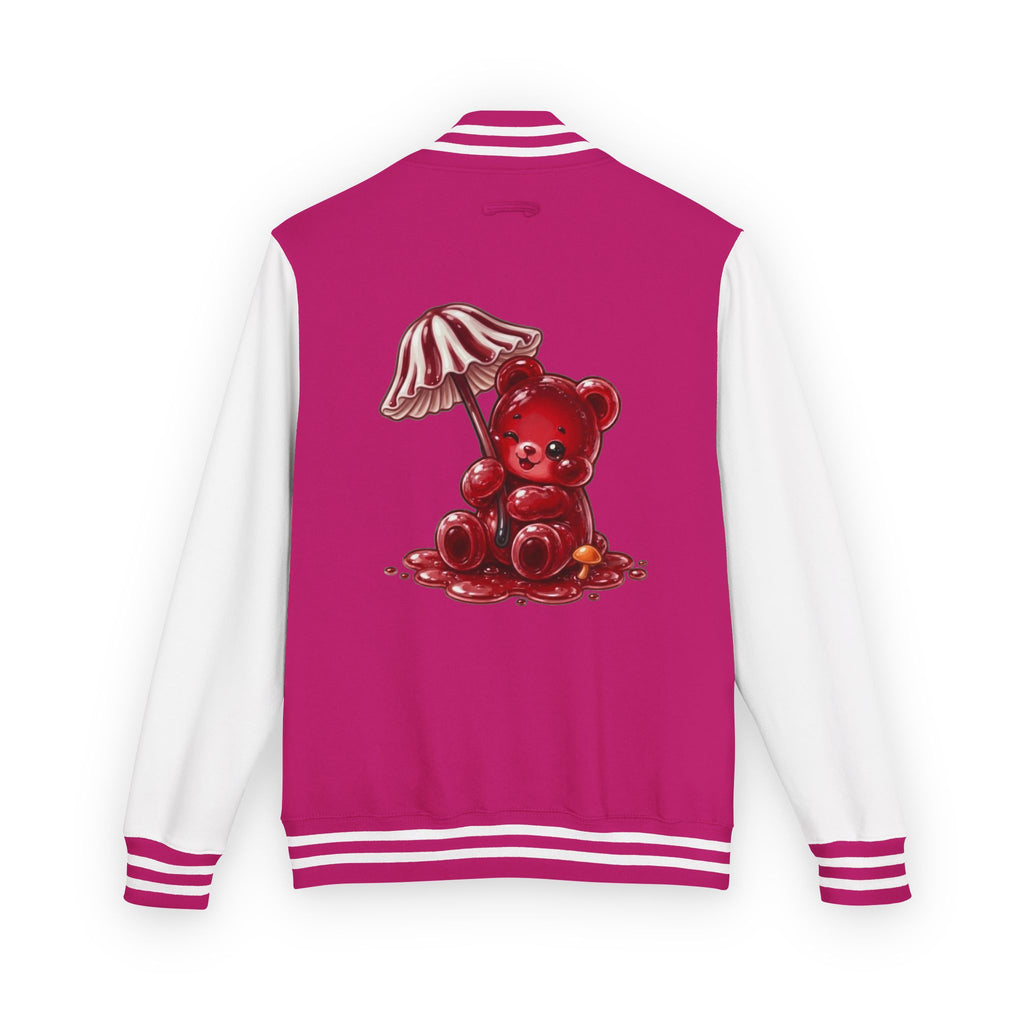 Red Stripped Mushroom Umbrella, Oozy Bear Gummy- Letterman Graphic Jacket