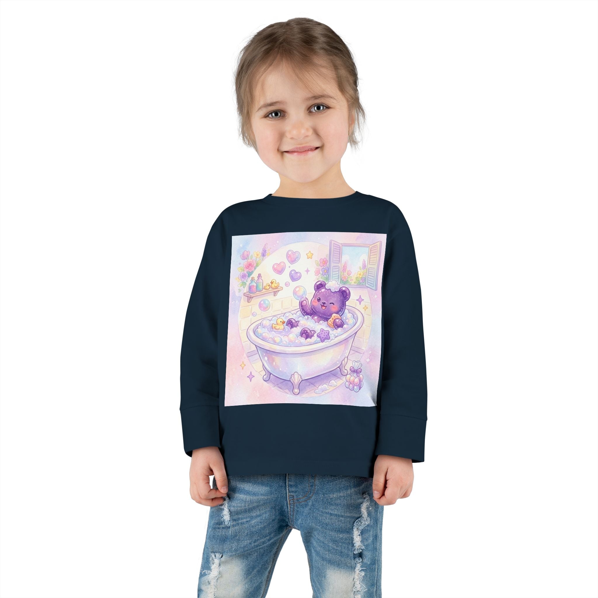 Bath Time, Nighttime Oozy Bear Friend- Graphic Long Sleeve Shirt
