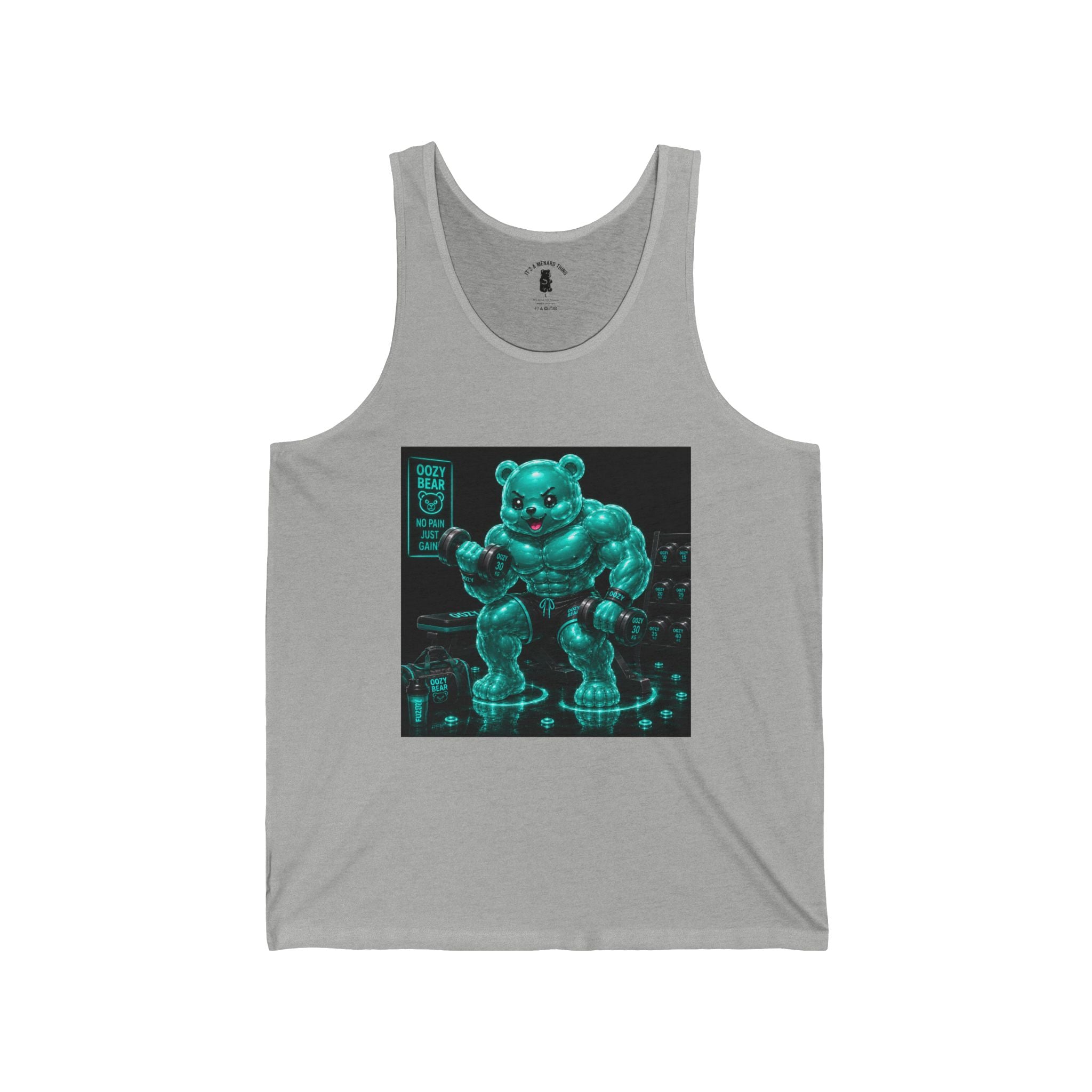 Neon Teal Workout, Oozy Buff Bear Gummy Gym Workout- Adult Graphic Tank Top