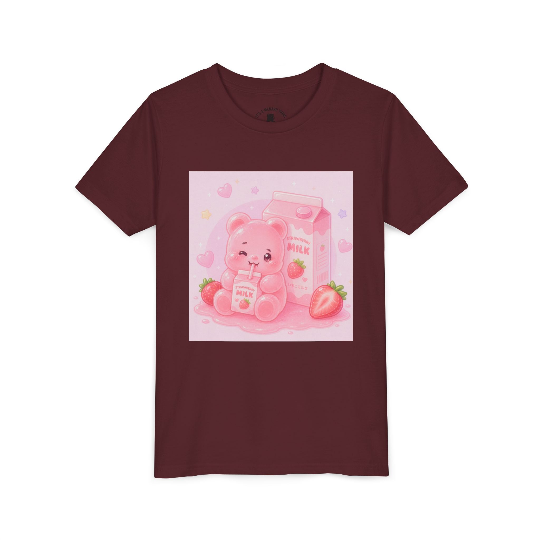 Kids' Pink Strawberry Milk Gooey Gummy Bear— Cute Youth Short Sleeve Shirt