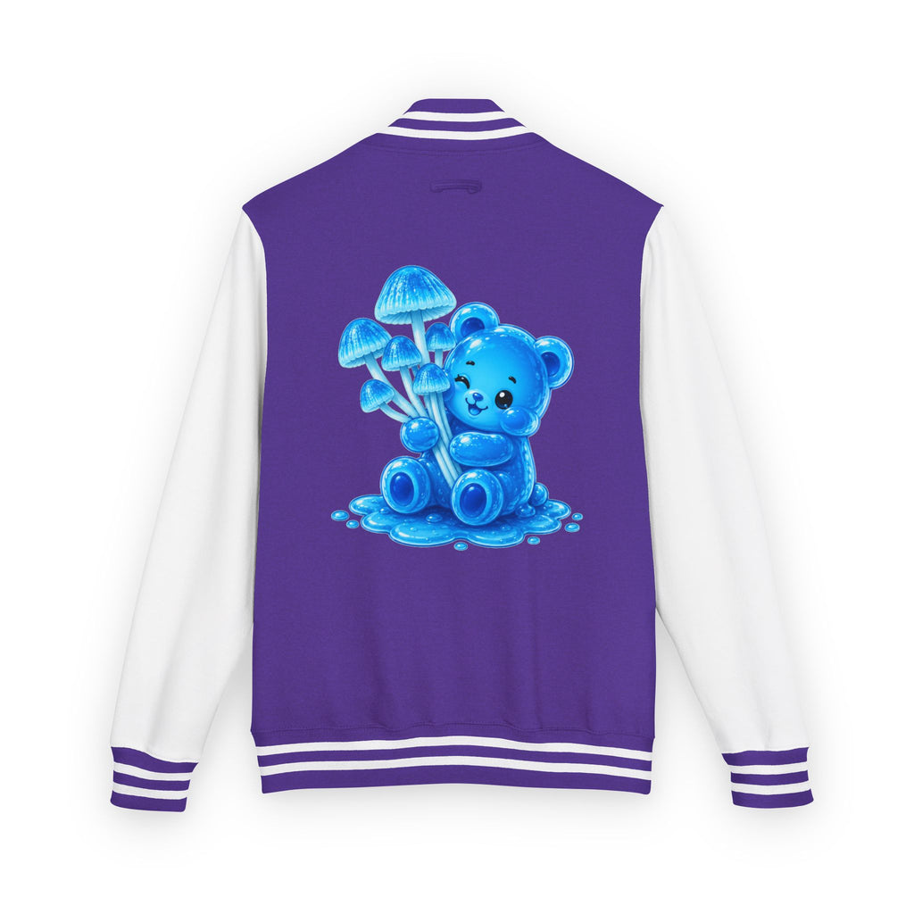 Pretty Blue Mushrooms, Gooey Gummy Bear Friend — Kawaii Graphic Varsity Jacket
