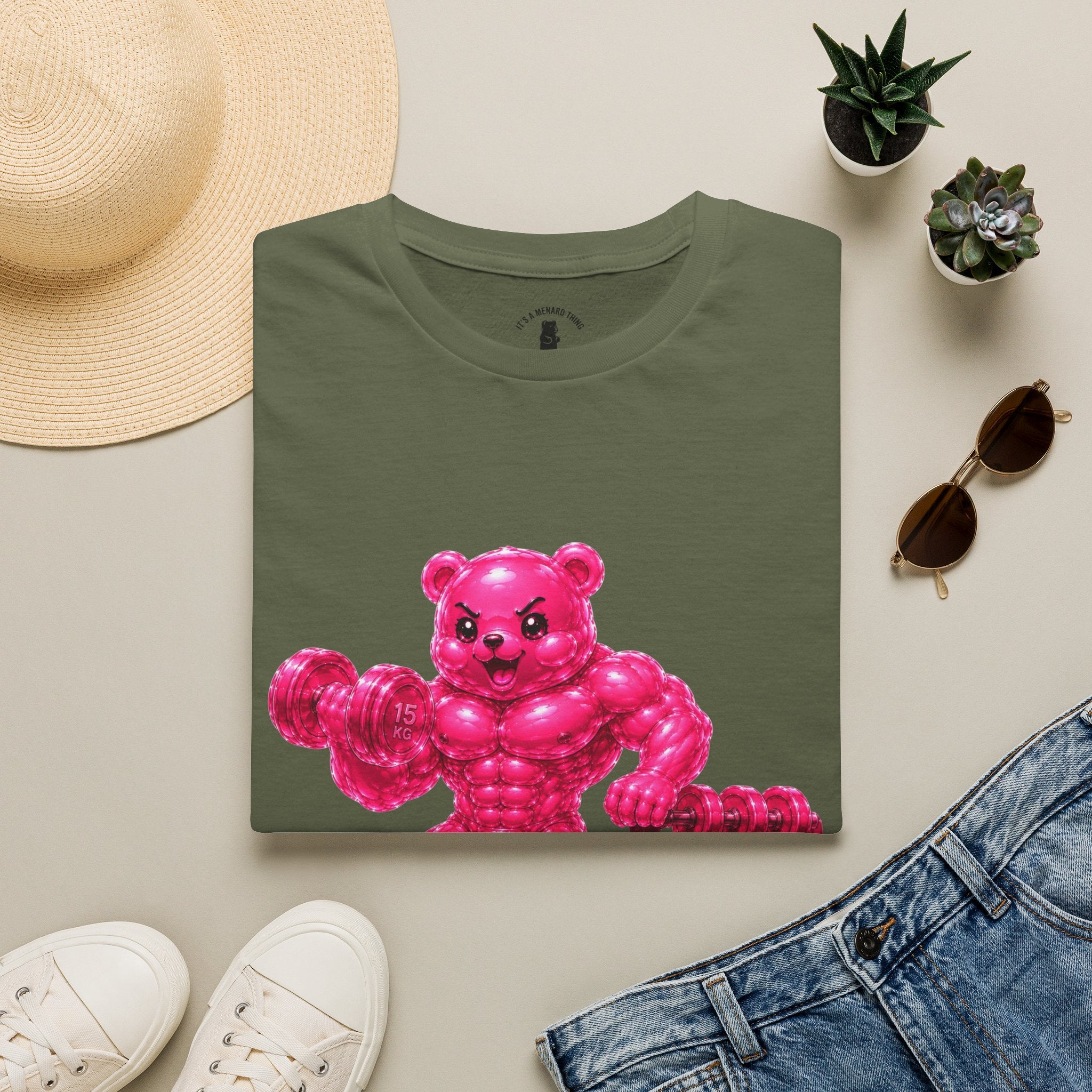 Pink Bodybuilder, Oozy Buff Bear Gummy Special Gym Addition- Adult Graphic Shirt