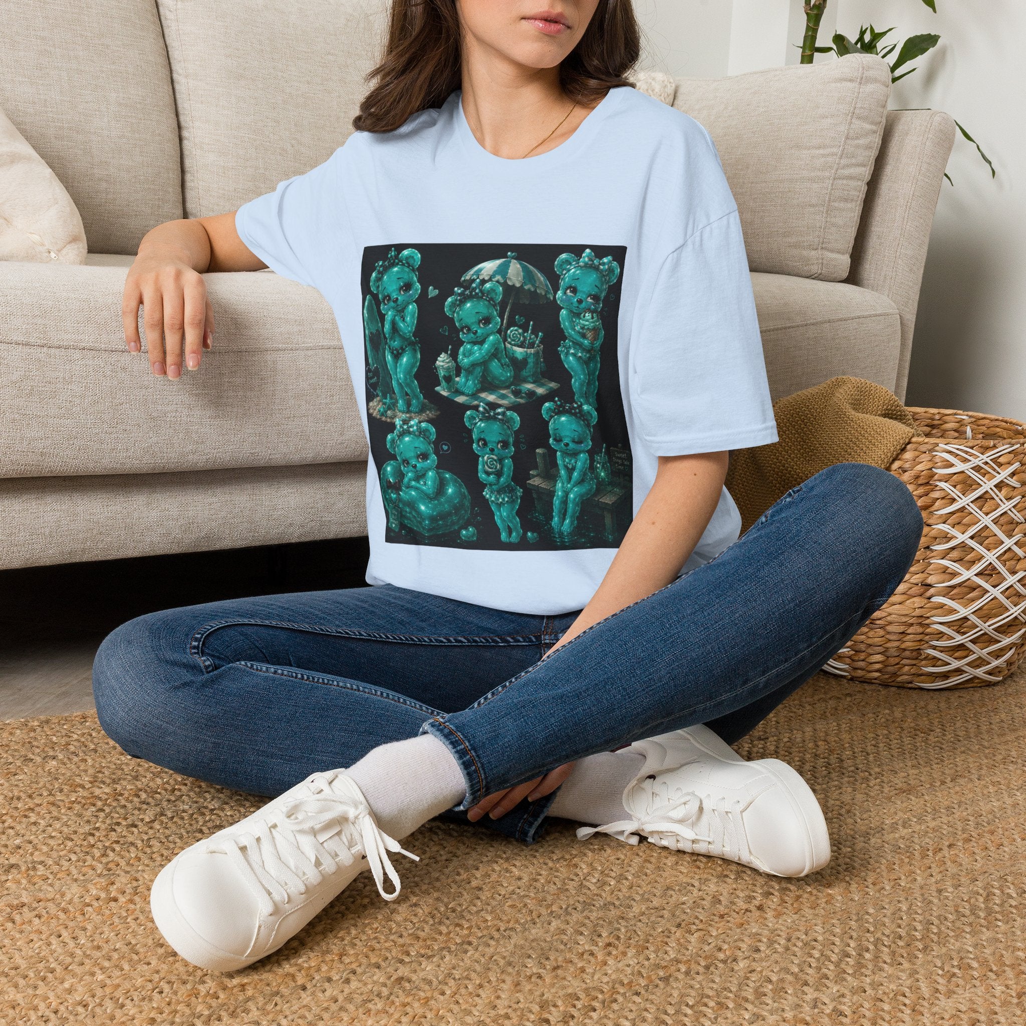Kawaii Shy Teal Beach Babe Oozy Bear Gummy Pin Up- Adult Graphic Shirt (18+)