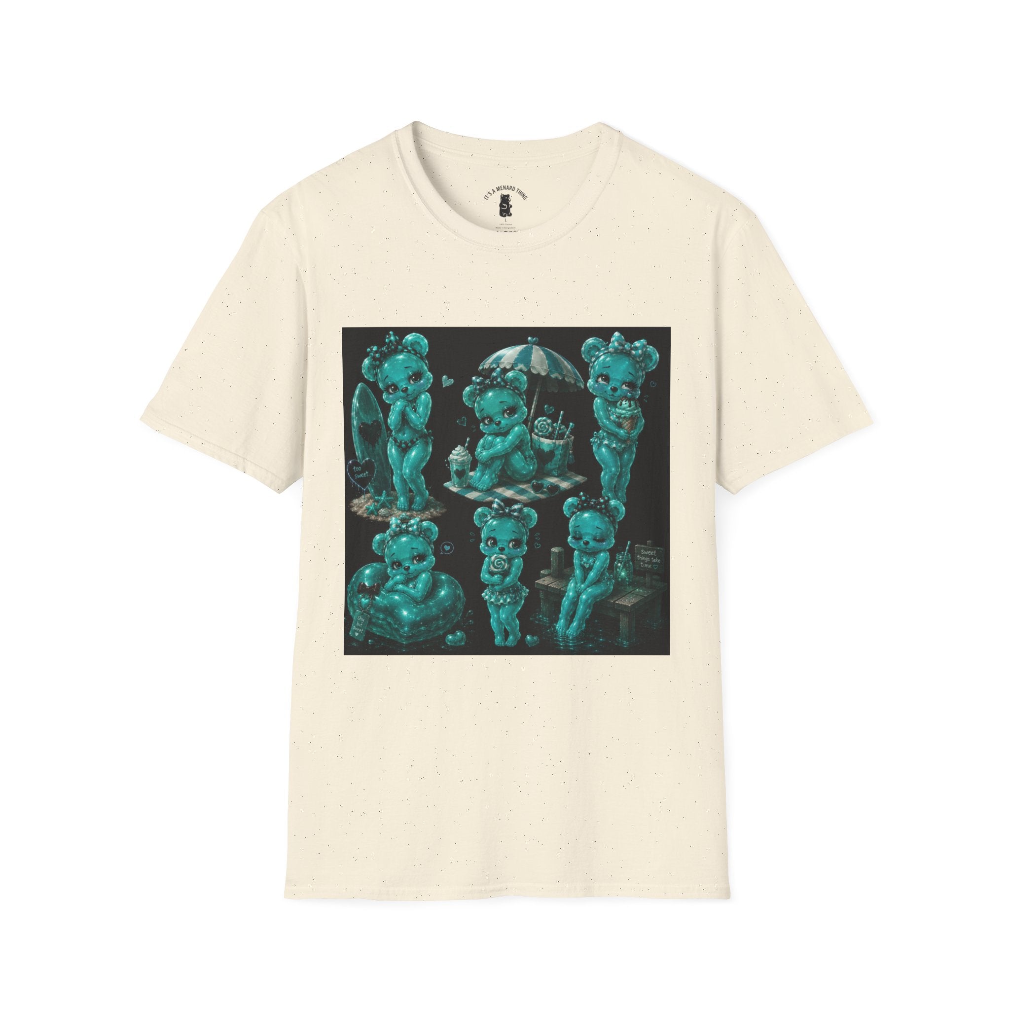 Kawaii Shy Teal Beach Babe Oozy Bear Gummy Pin Up- Adult Graphic Shirt (18+)