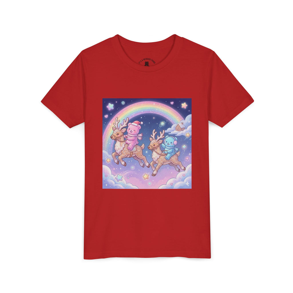 Duo Gooey Gummy Bear riding Reindeer — Cute Youth T-Shirt