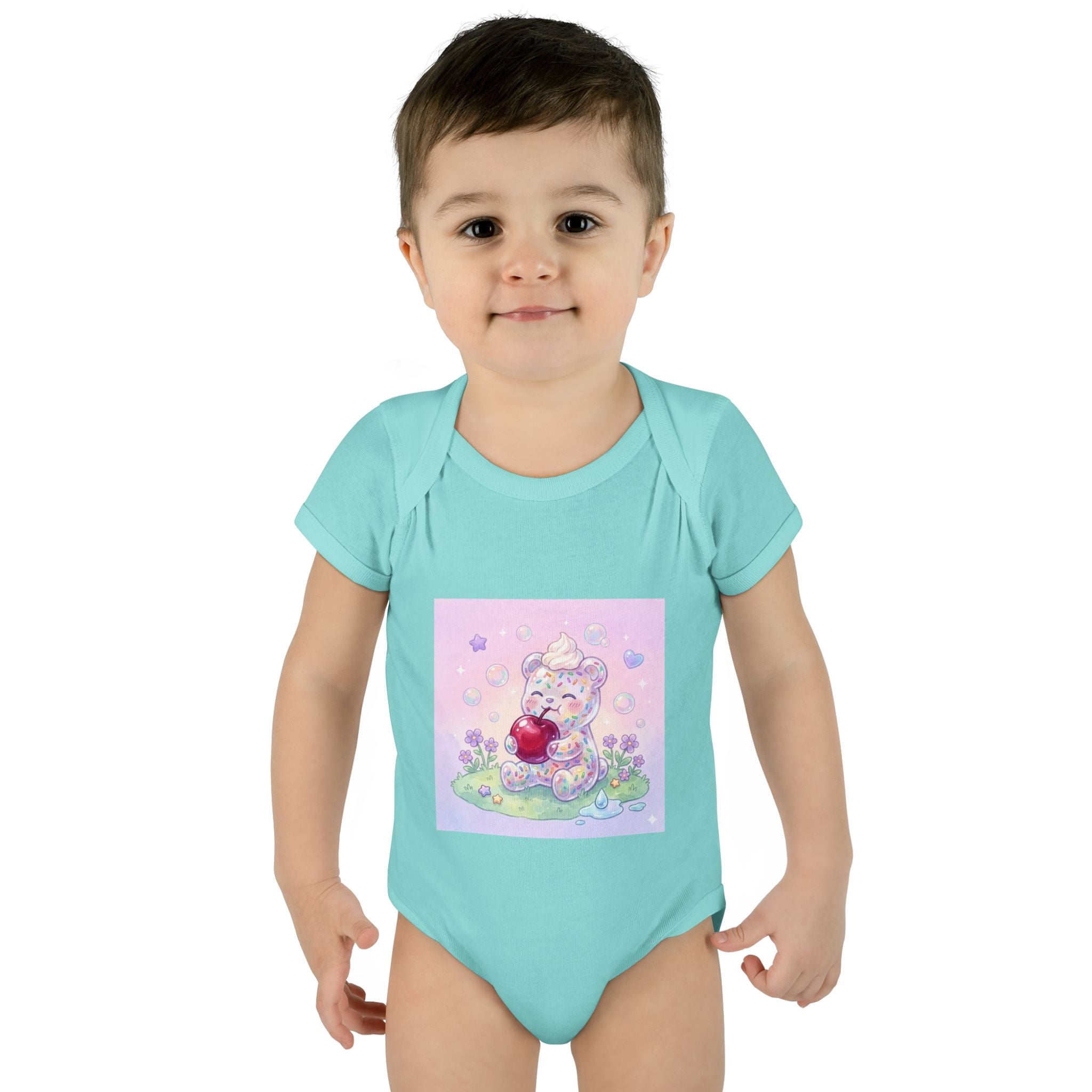 Gooey Gummy Birthday Sprinkles Cake bear eating a Cherry- Infant Onesie