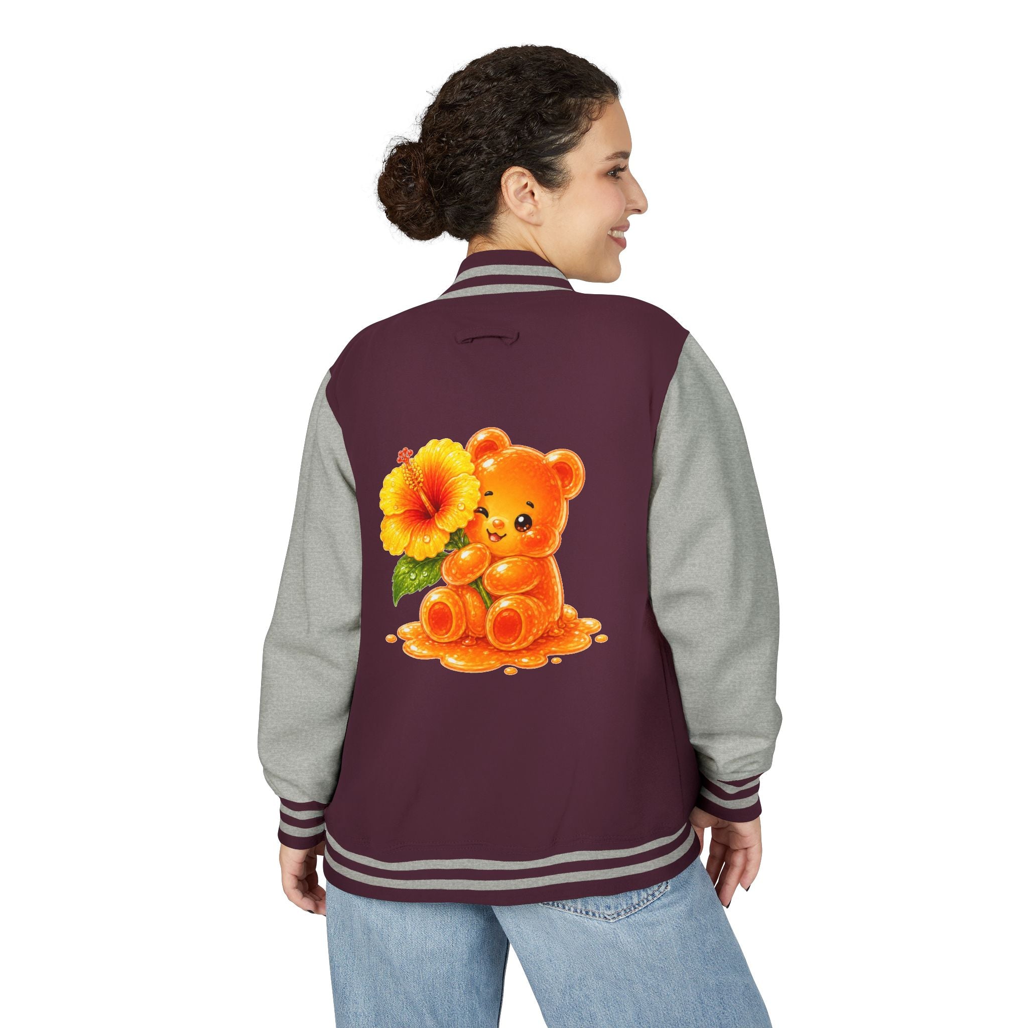 Golden Hibiscus, Yellow Gooey Gummy Bear Friend- Kawaii Varsity Jacket