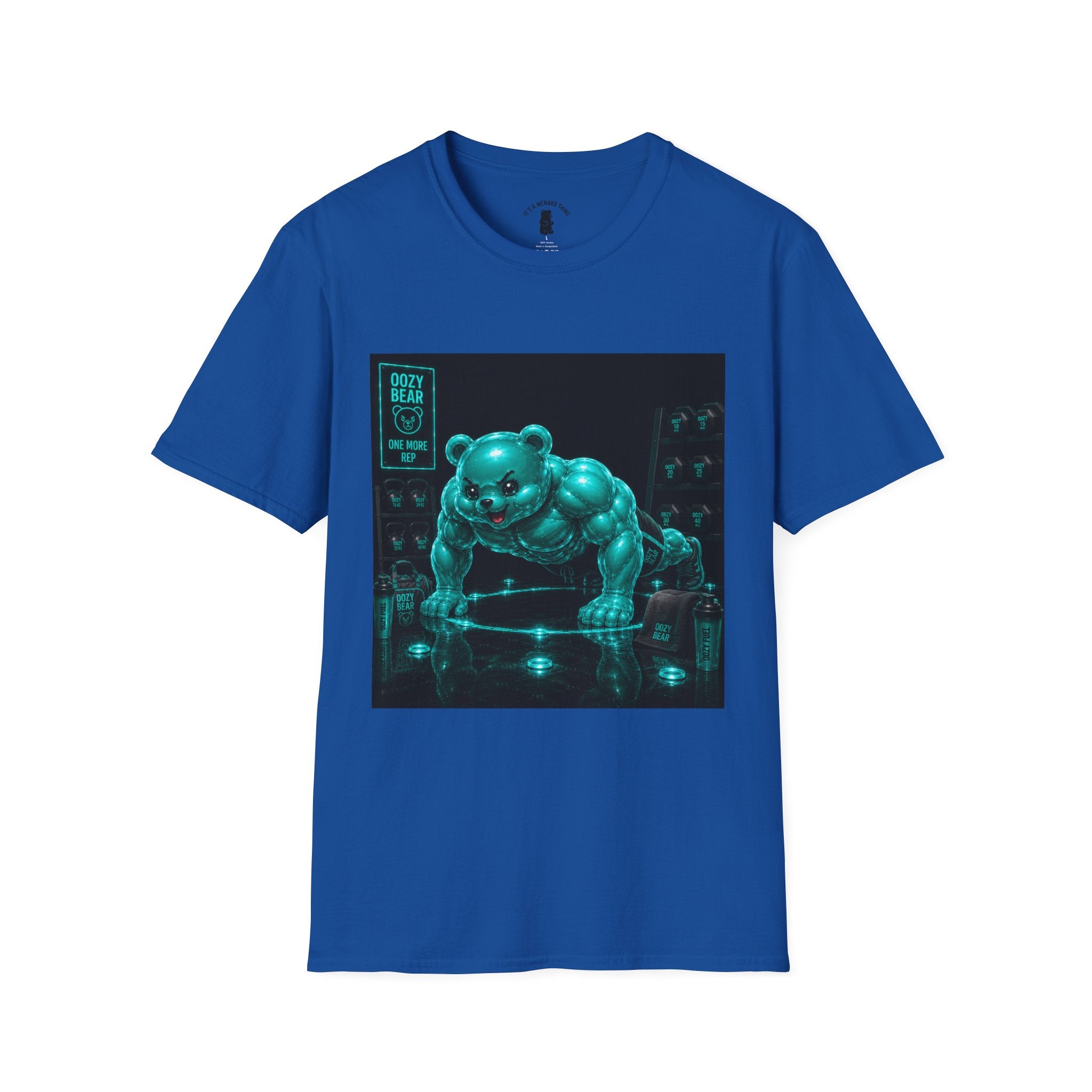 Neon Fitness Push Ups, Teal Oozy Buff Bear Gummy Gym Addition- Adult Graphic Shirt