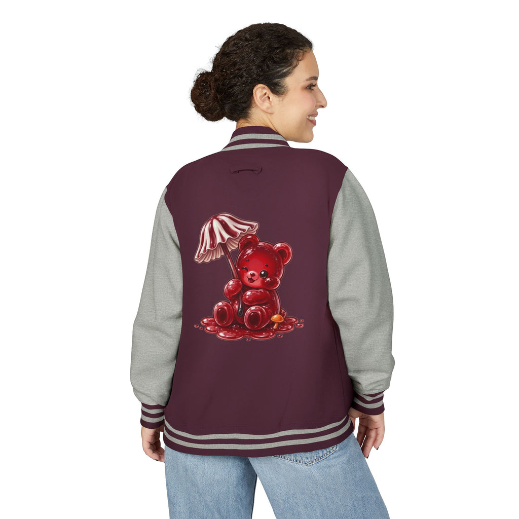 Red Stripped Mushroom Umbrella, Oozy Bear Gummy- Letterman Graphic Jacket