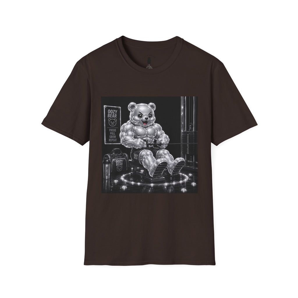 Working on the Bench, Silver Oozy Buff Bear Gummy Gym Addition- Adult Graphic Shirt