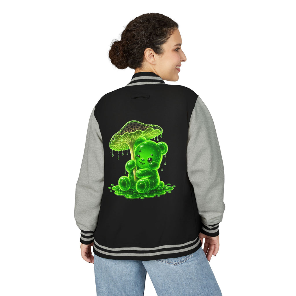Glowing Green Mushroom, Gooey Gummy Bear Friend — Kawaii Graphic Varsity Jacket