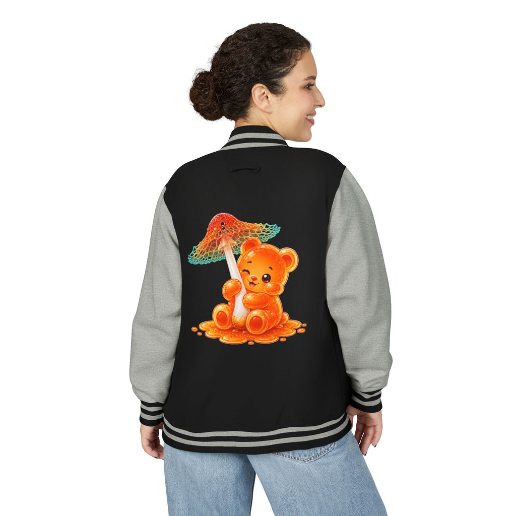 Pretty Orange and Teal Mushroom, Gooey Gummy Bear Friend — Kawaii Graphic Varsity Jacket