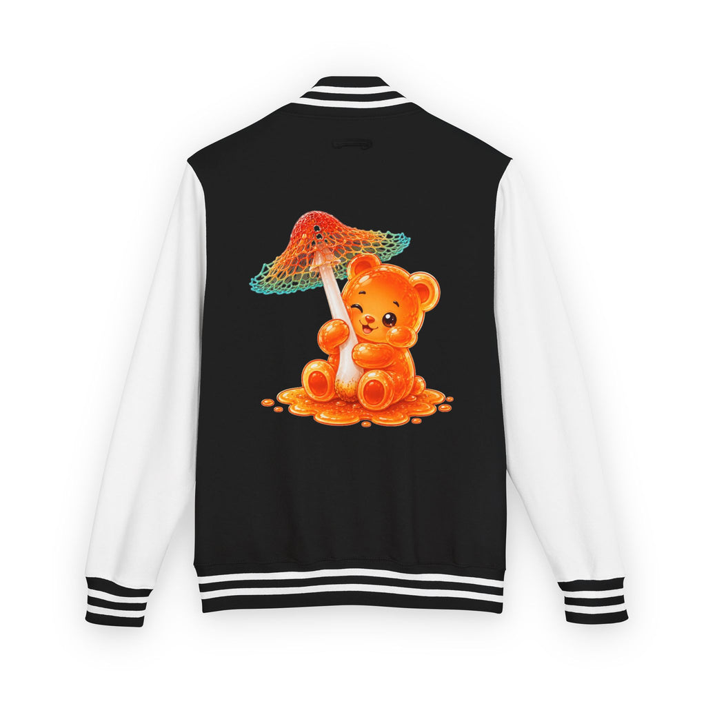 Pretty Orange and Teal Mushroom, Gooey Gummy Bear Friend — Kawaii Graphic Varsity Jacket
