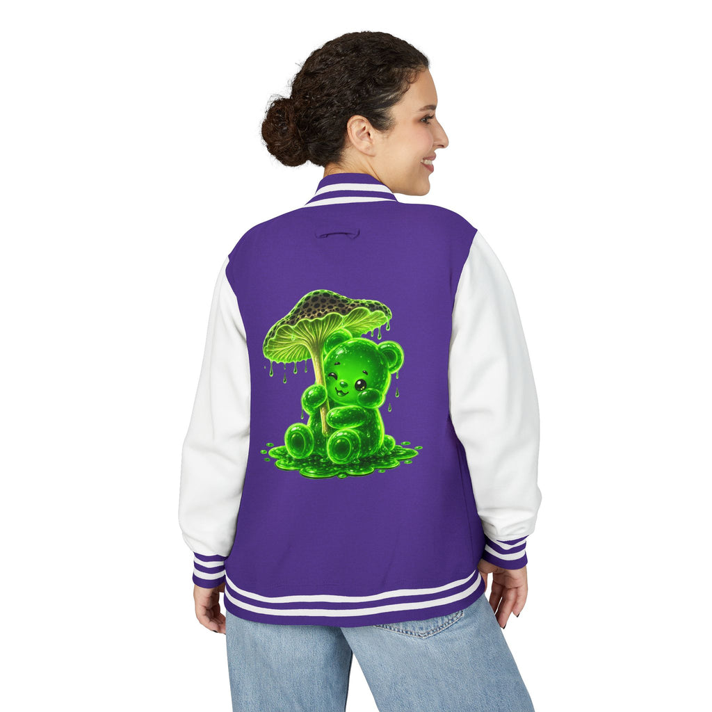 Glowing Green Mushroom, Gooey Gummy Bear Friend — Kawaii Graphic Varsity Jacket