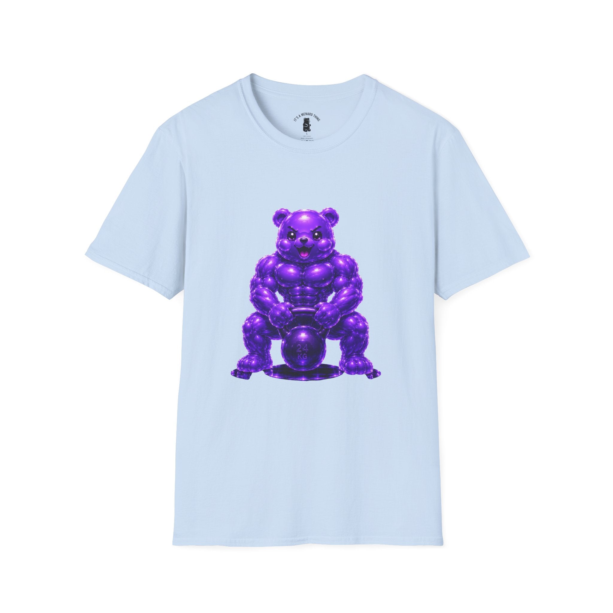 Brawny Violet Oozy Buff Bear with Kettleball Weight- Adult Graphic Shirt (18+)