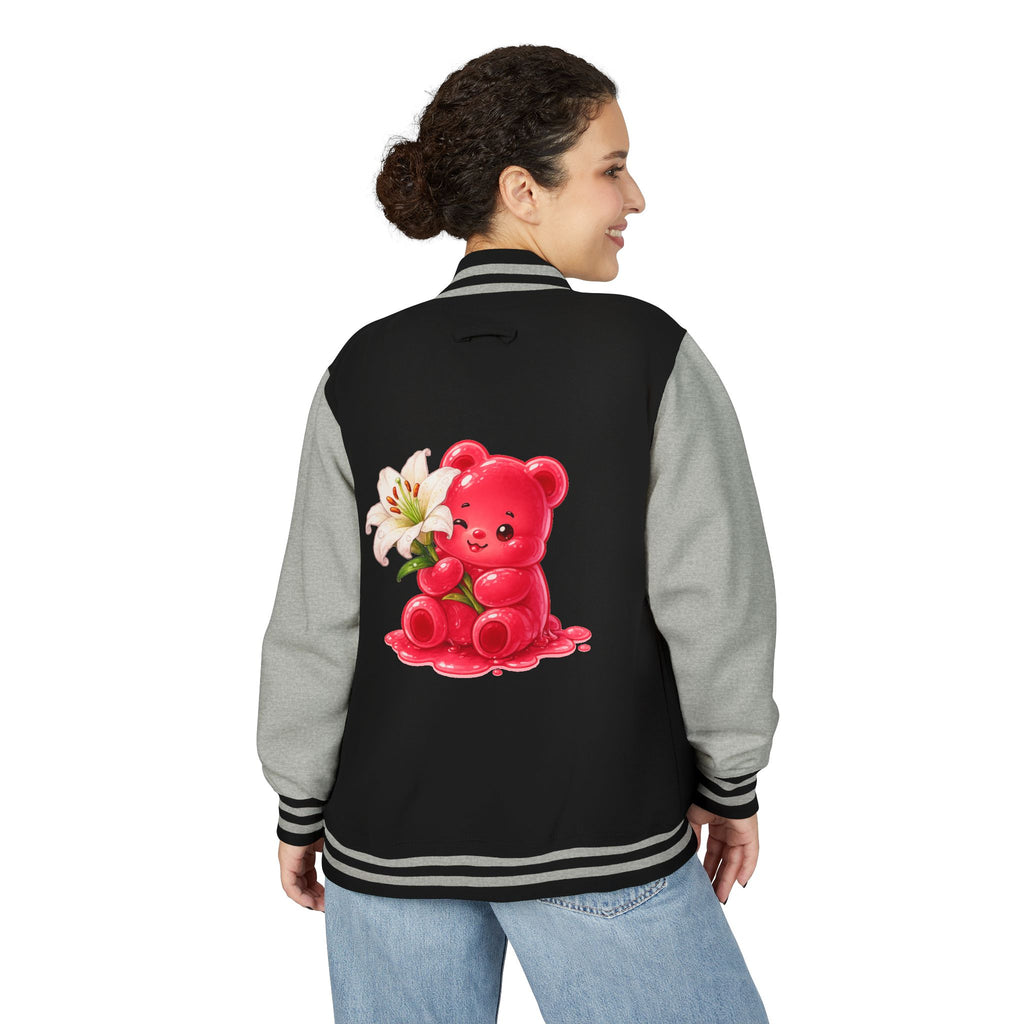 White Lilies, Red Gooey Gummy Friend — Kawaii Graphic Varsity Jacket