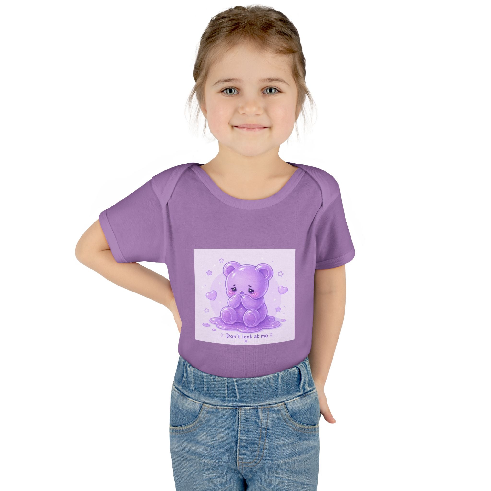 Purple Gooey Gummy Shy bear Baby Bodysuit - "Don't Look at Me" Cute Infant Onesie
