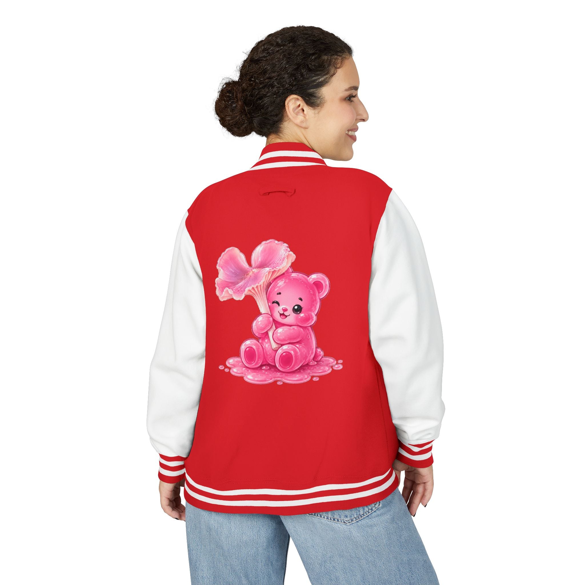 Pink Wax Cap Mushroom, Gooey Gummy Bear Friend — Kawaii Graphic Varsity Jacket