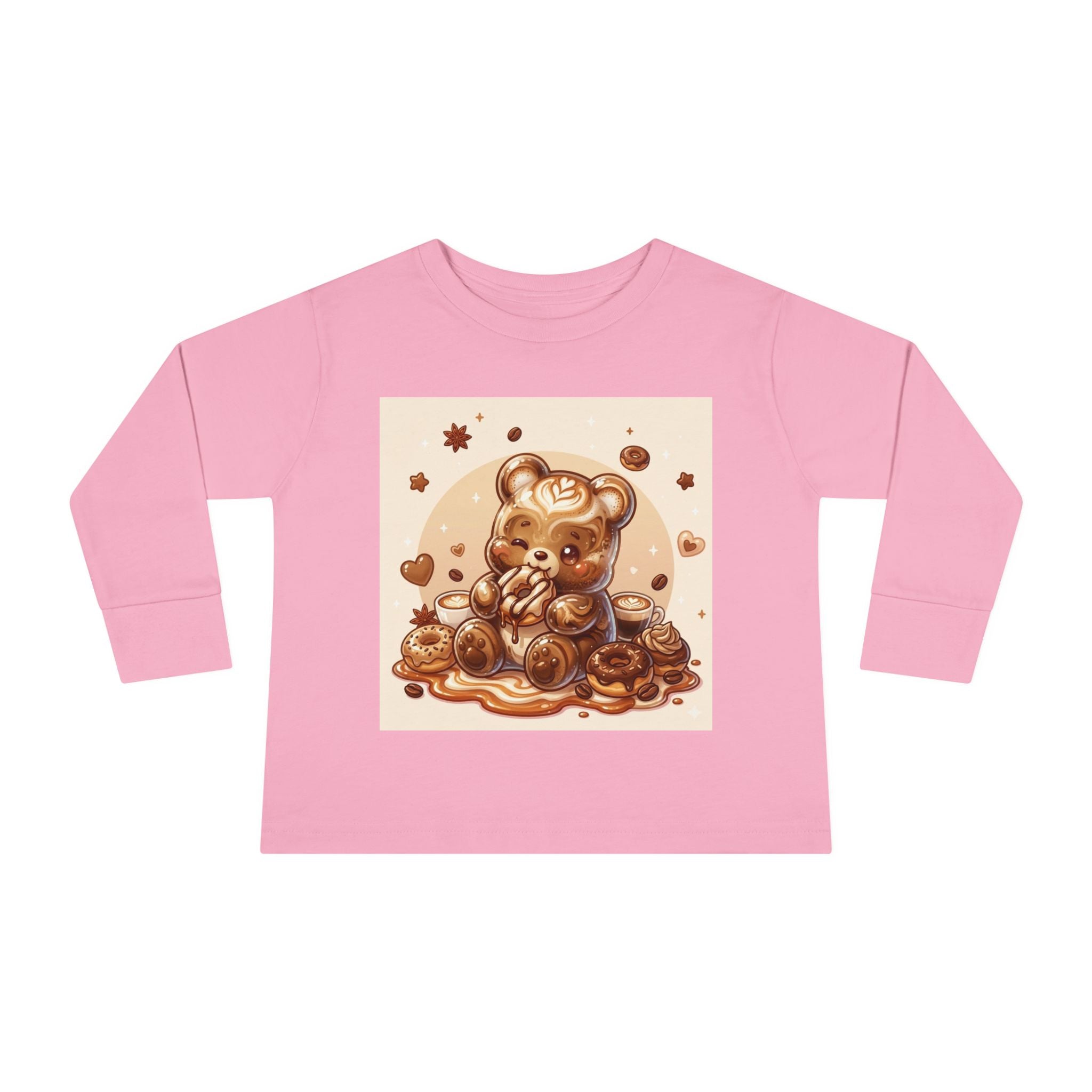 Coffee & Donuts with Chocolate, Oozy Bear Gummy Girls— Kids Illustrated Long Sleeve Shirt