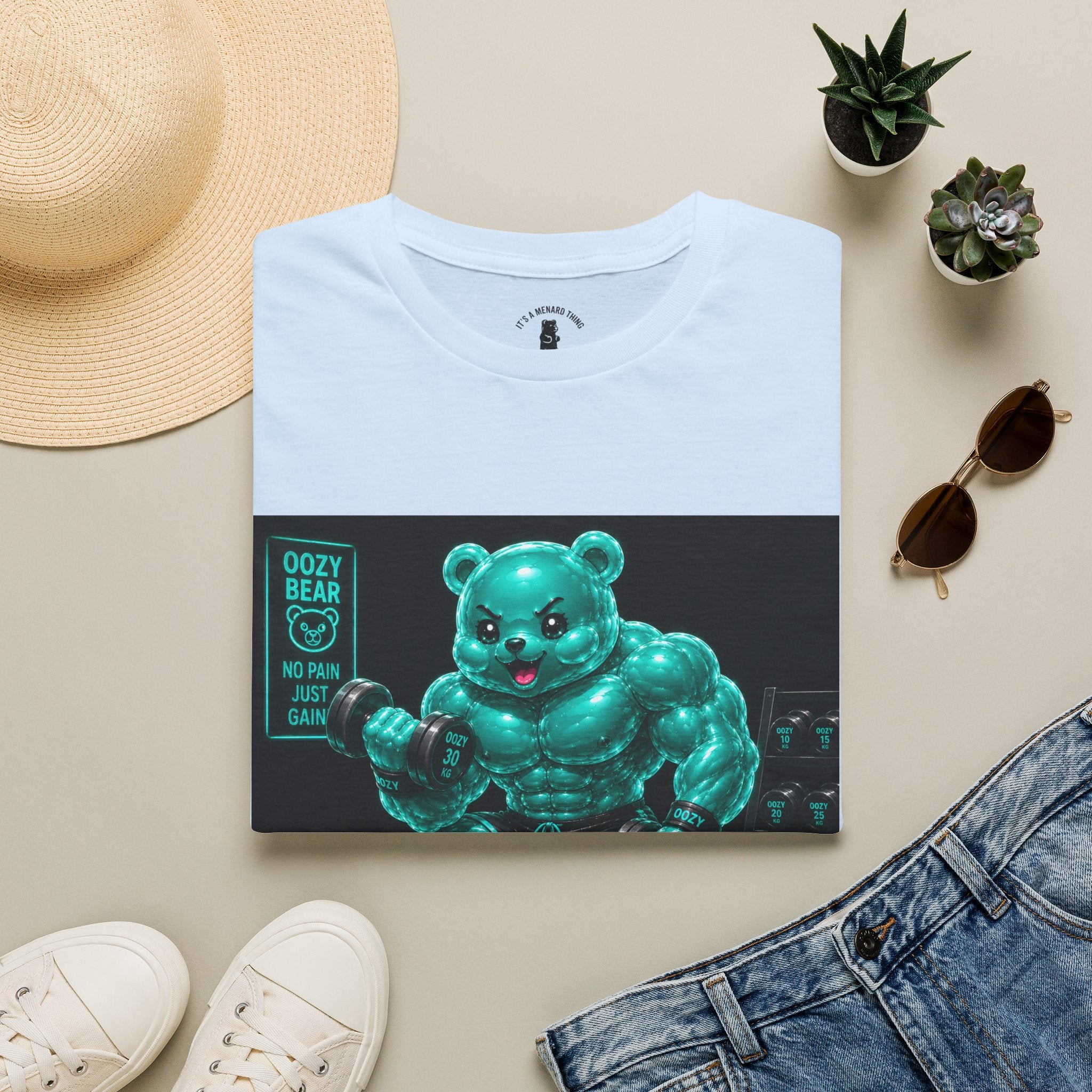 Working Out, Teal Oozy Buff Bear Gummy Gym Addition- Adult Graphic Shirt