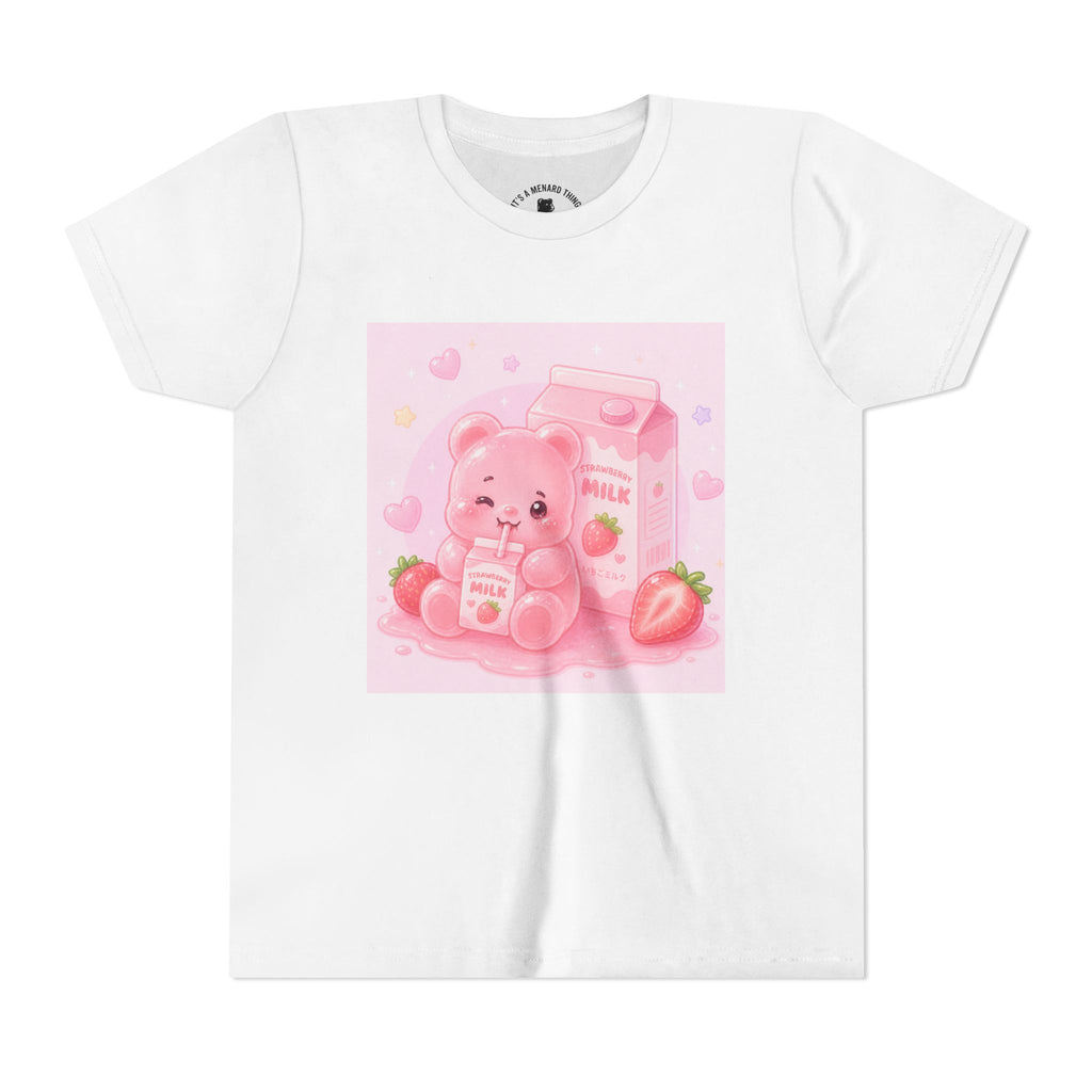Kids' Pink Strawberry Milk Gooey Gummy Bear— Cute Youth Short Sleeve Shirt