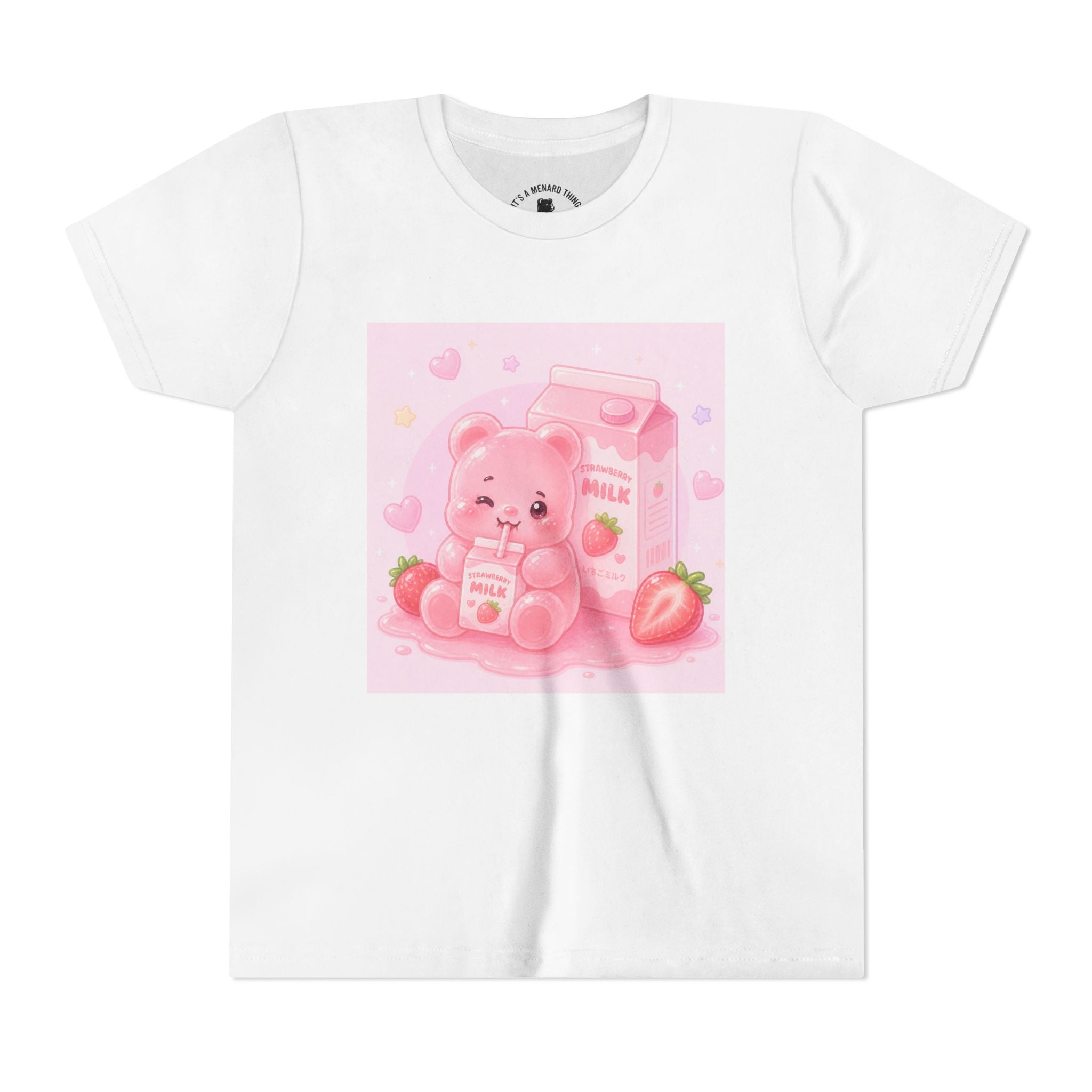 Kids' Pink Strawberry Milk Gooey Gummy Bear— Cute Youth Short Sleeve Shirt
