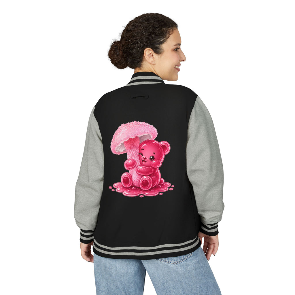Pretty Pink Mushroom, Gooey Gummy Bear Friend —  Kawaii Graphic Varsity Jacket