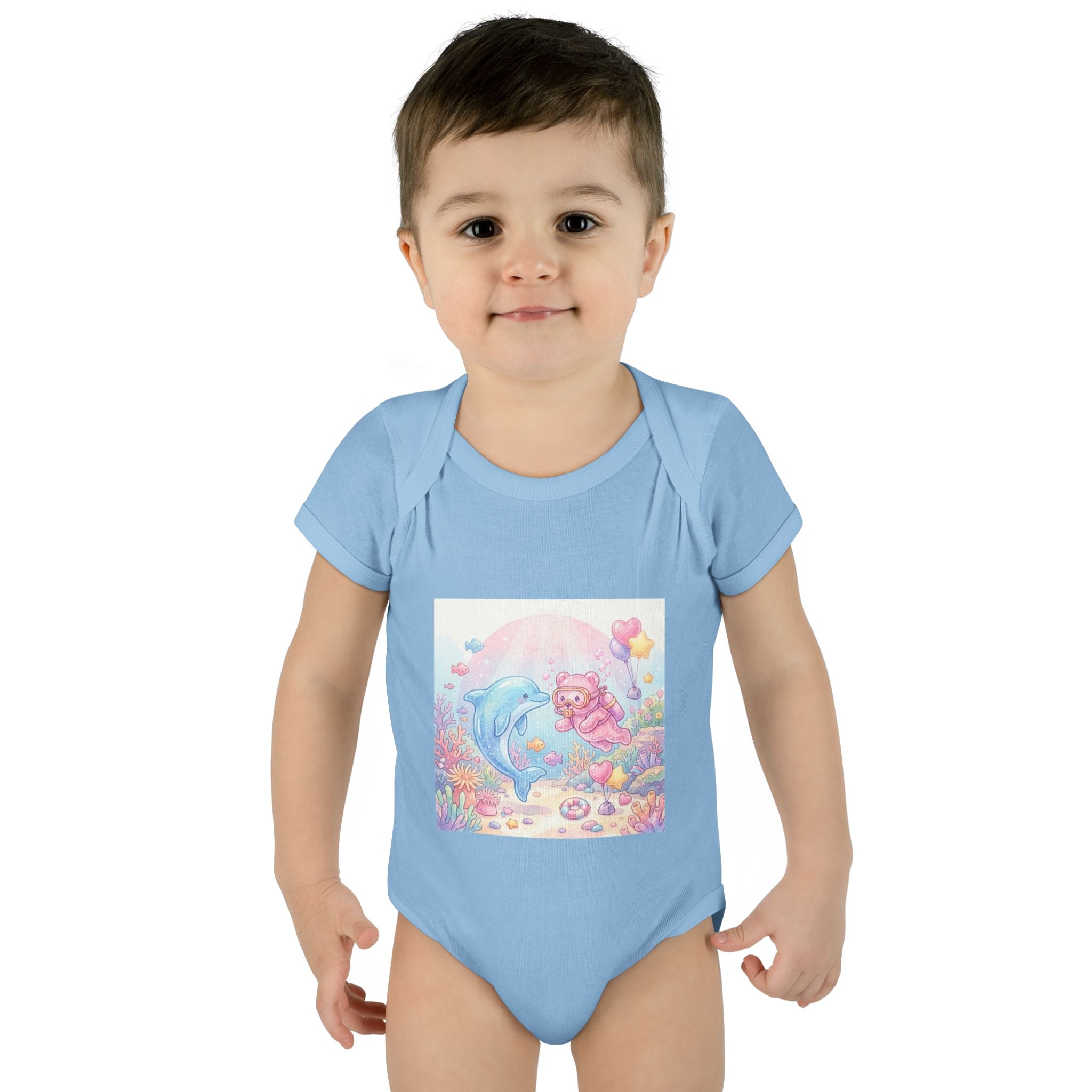 Infant Bodysuit — Pastel Dolphin & Pink Gummy Bear Underwater Baby Onesie
