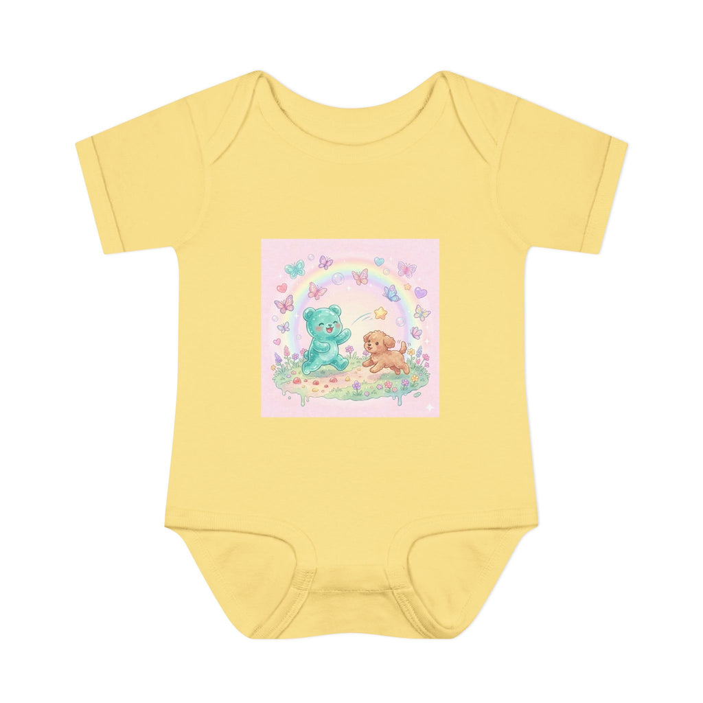 Gooey Gummy Playing Fetch with Puppy, Cute Infant Onesie