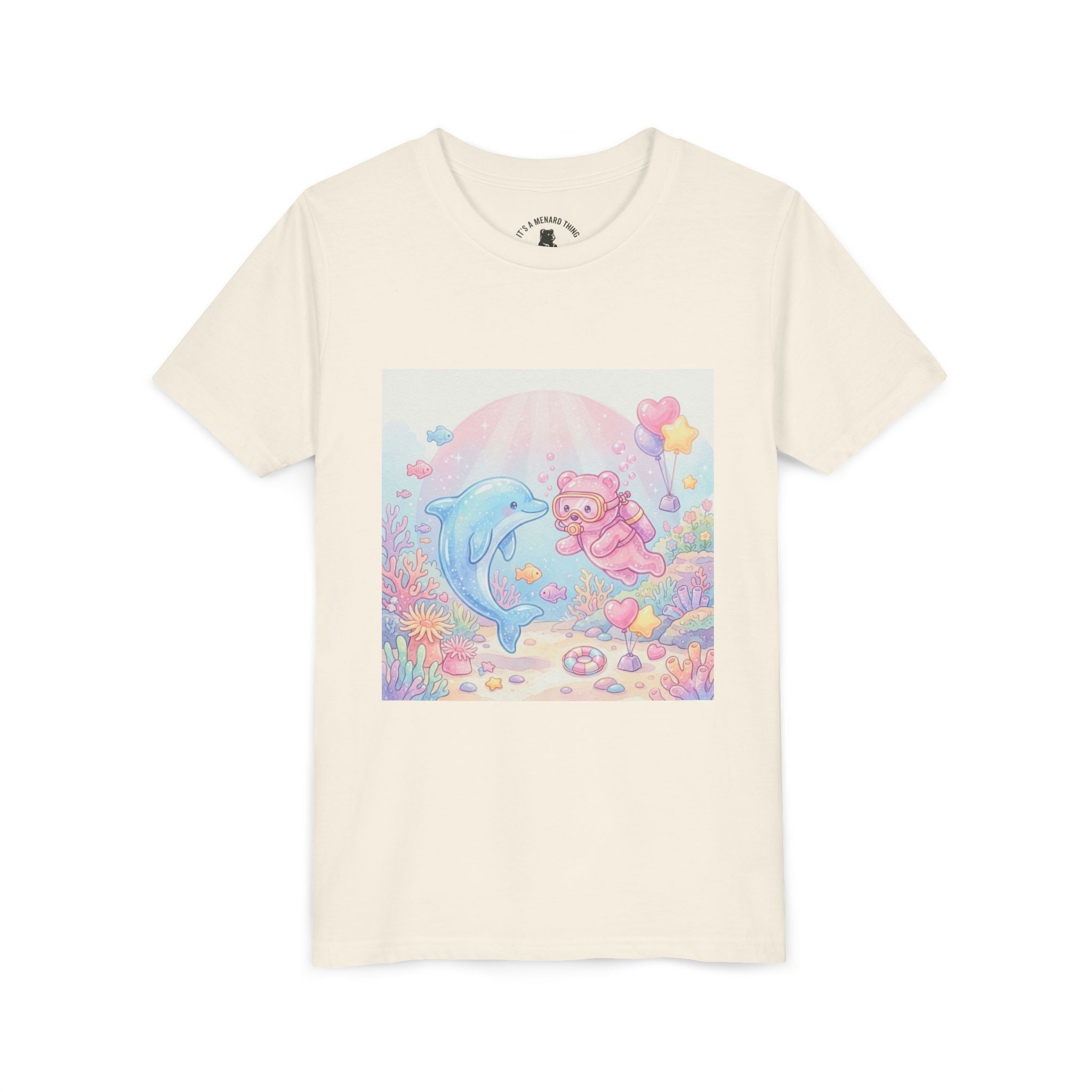 Dolphin & Pink Gooey Gummy Bear Underwater Tee — Pastel Ocean Animal Graphic Shirt