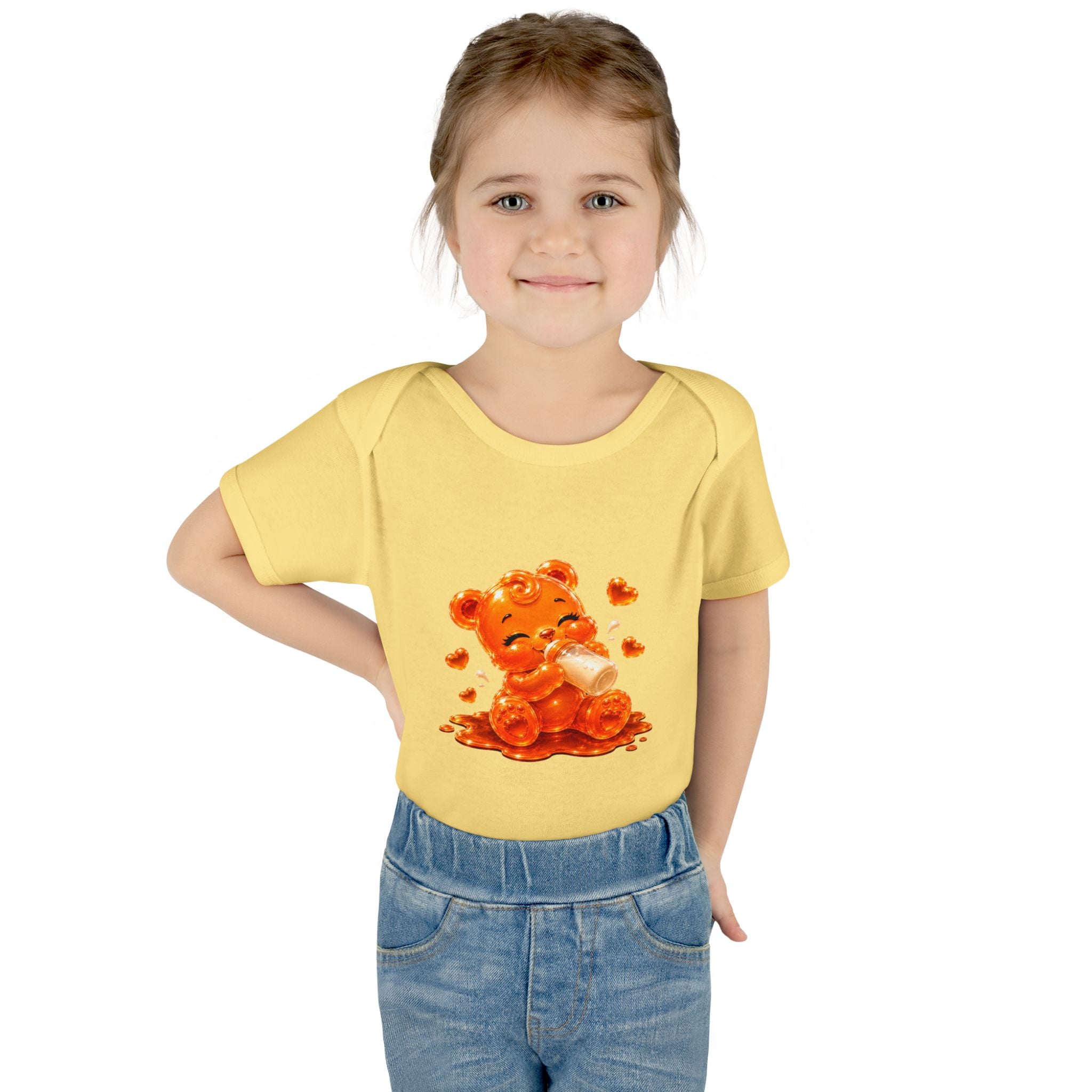 Yummy, Yummy Milk Time Orange Oozy Baby Gummy Bear Cutie Addition- Graphic Onesie