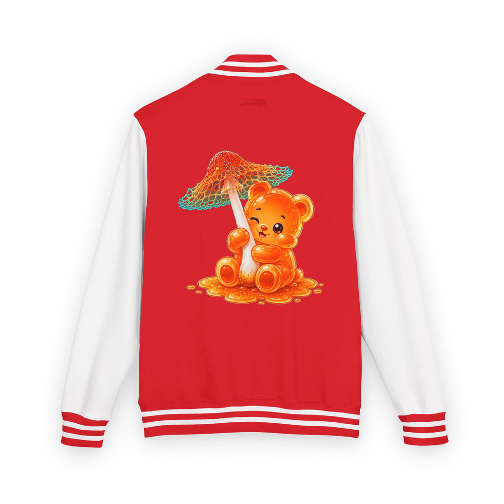 Pretty Orange and Teal Mushroom, Gooey Gummy Bear Friend — Kawaii Graphic Varsity Jacket