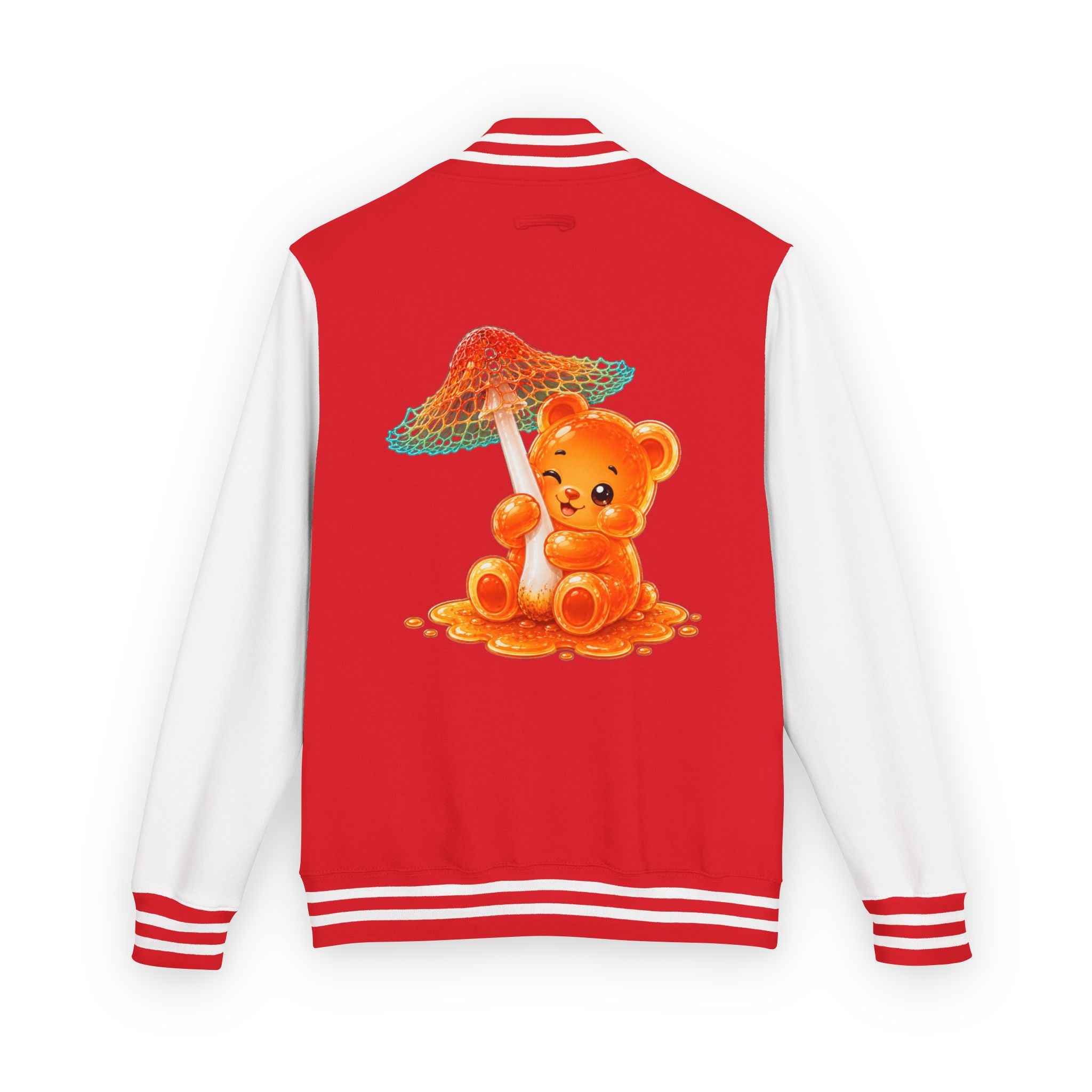 Pretty Orange and Teal Mushroom, Gooey Gummy Bear Friend — Kawaii Graphic Varsity Jacket