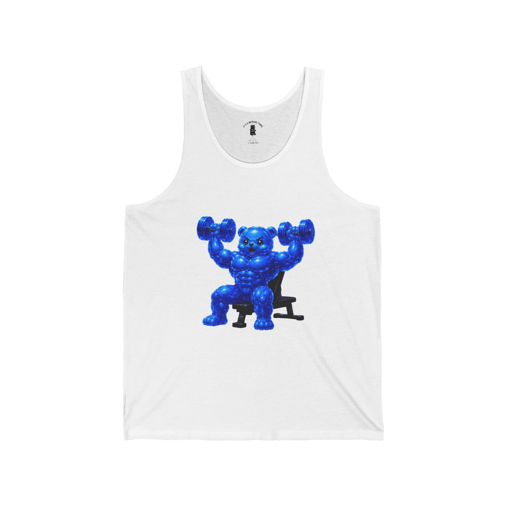 Weight Lifting, Deep Blue Oozy Buff Bear Gummy Gym Addition- Adult Graphic Tank Top