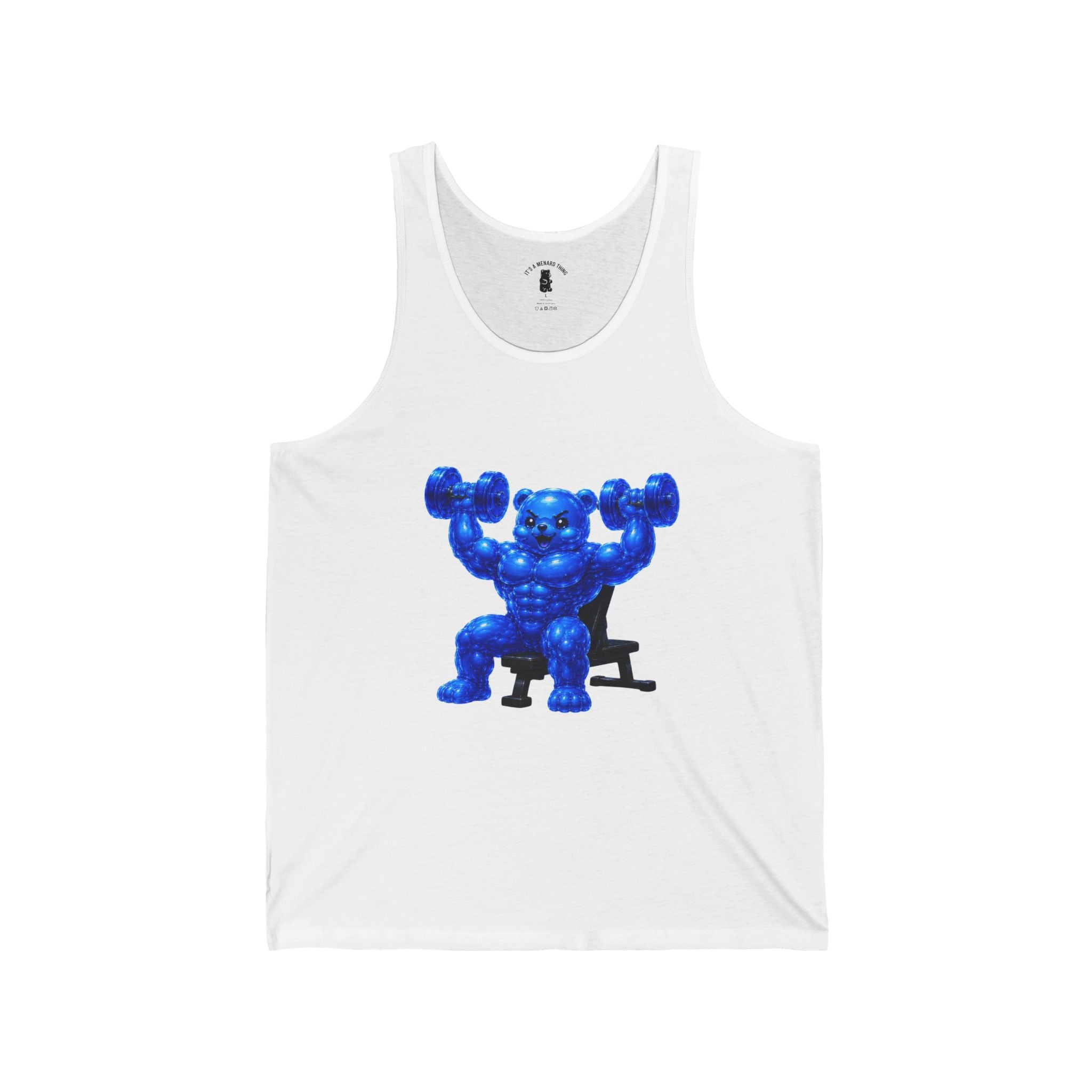 Weight Lifting, Deep Blue Oozy Buff Bear Gummy Gym Addition- Adult Graphic Tank Top