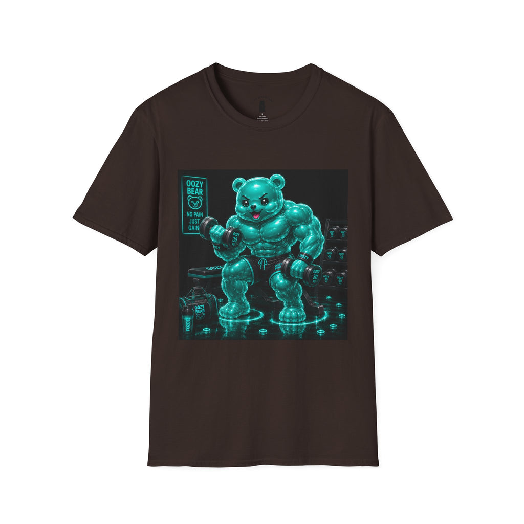 Working Out, Teal Oozy Buff Bear Gummy Gym Addition- Adult Graphic Shirt