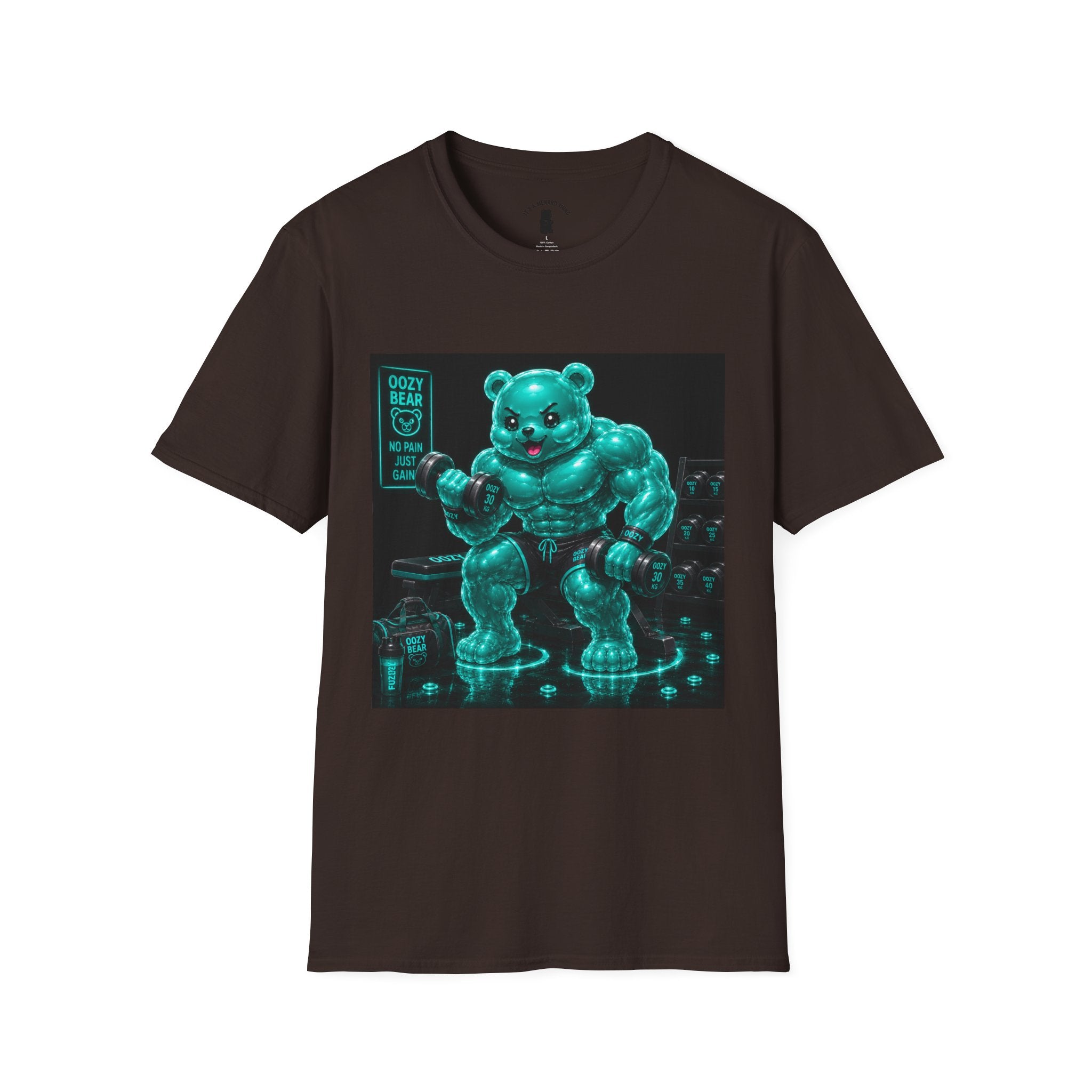 Working Out, Teal Oozy Buff Bear Gummy Gym Addition- Adult Graphic Shirt